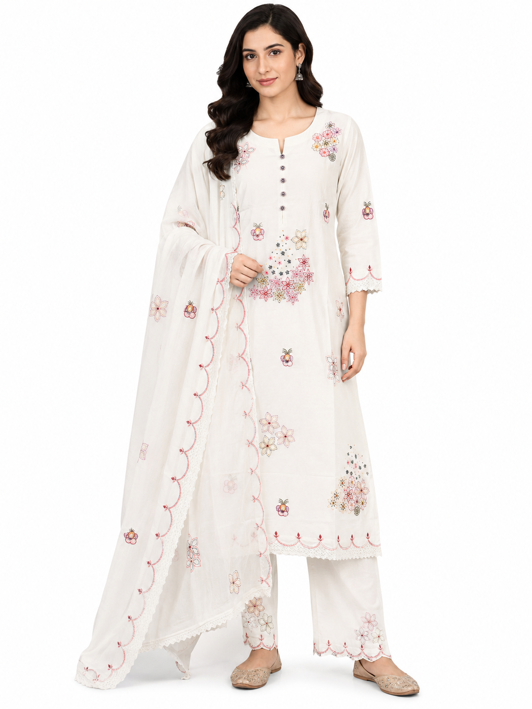 White Floral Embroidered Kurta Pant Set with Embroidered Dupatta