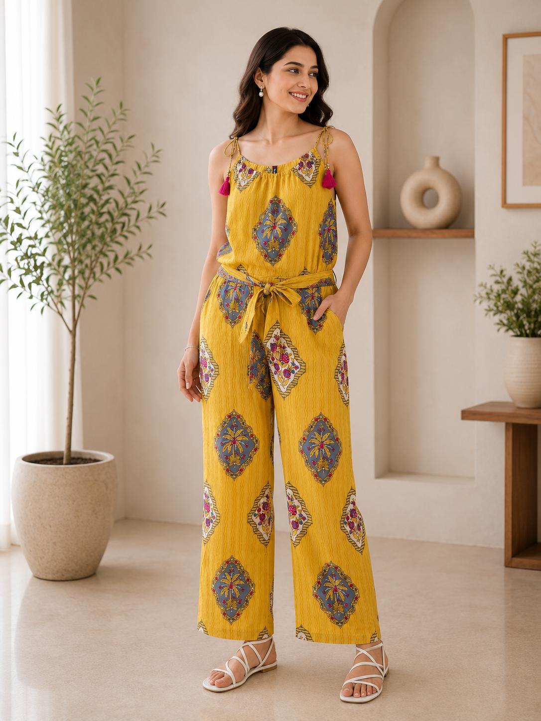 Mustard Yellow Medallion Print Wide-Leg Jumpsuit with Tie Belt