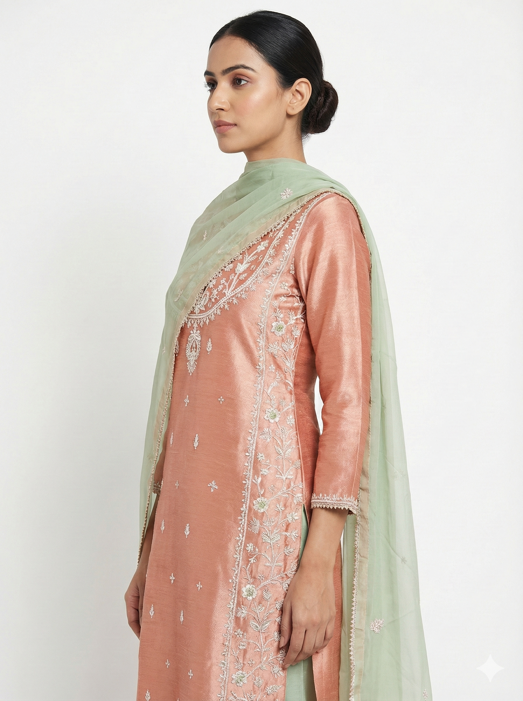 Dusty Peach Chanderi Embroidered Suit Set with Mint Dupatta