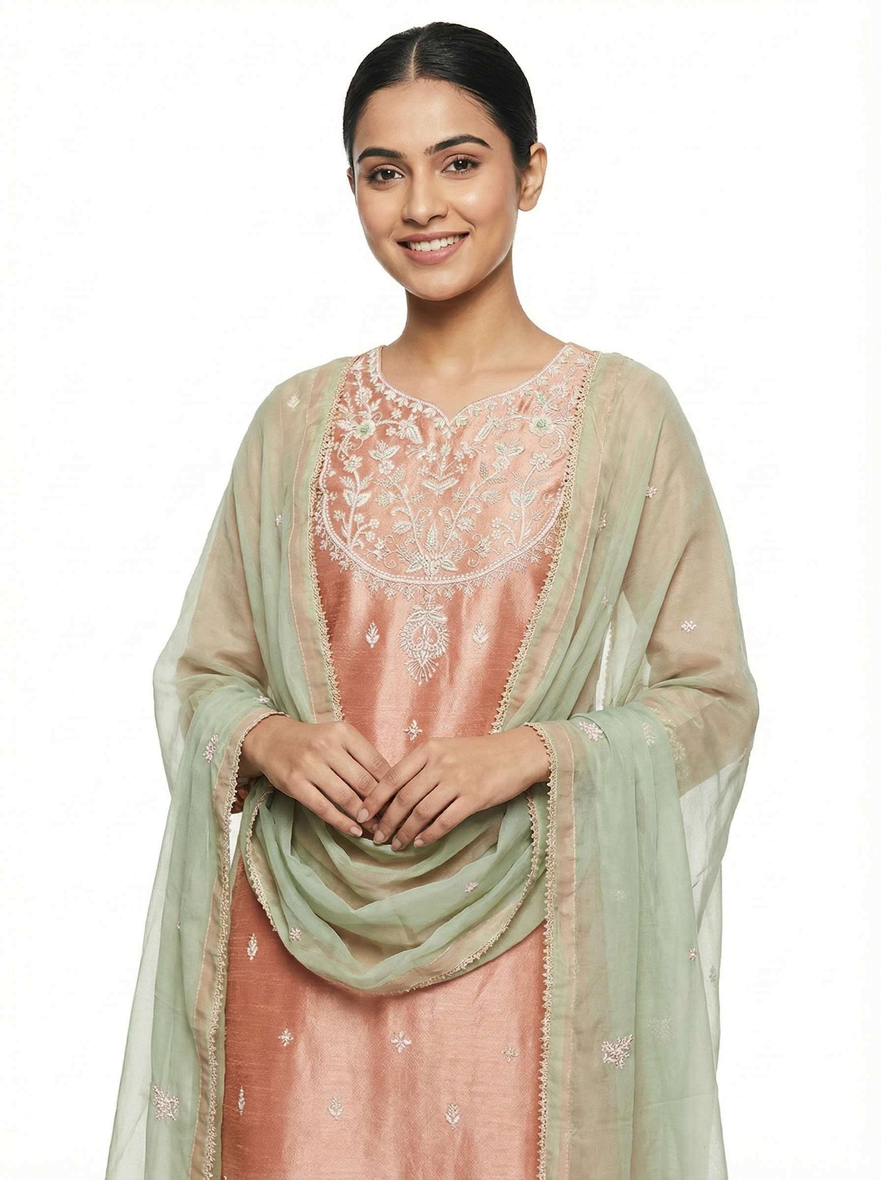 Dusty Peach Chanderi Embroidered Suit Set with Mint Dupatta