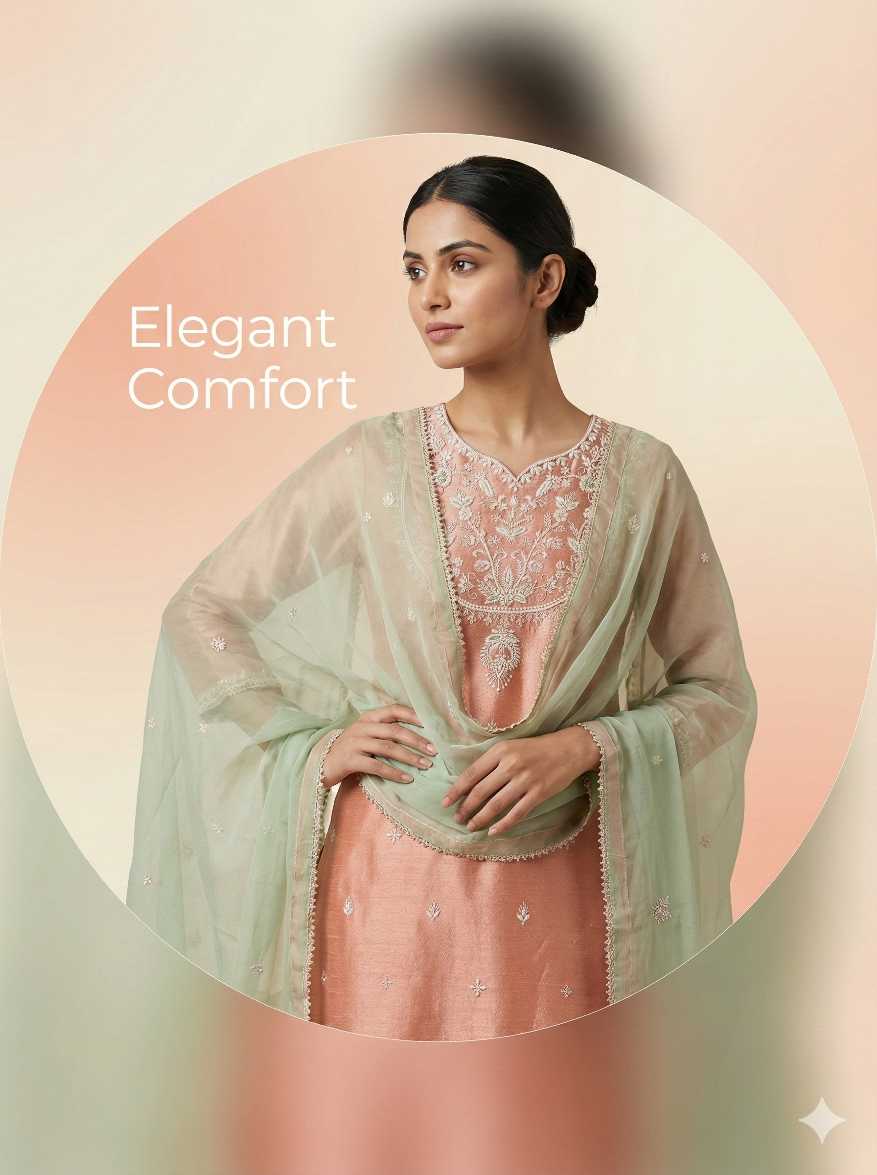 Dusty Peach Chanderi Embroidered Suit Set with Mint Dupatta
