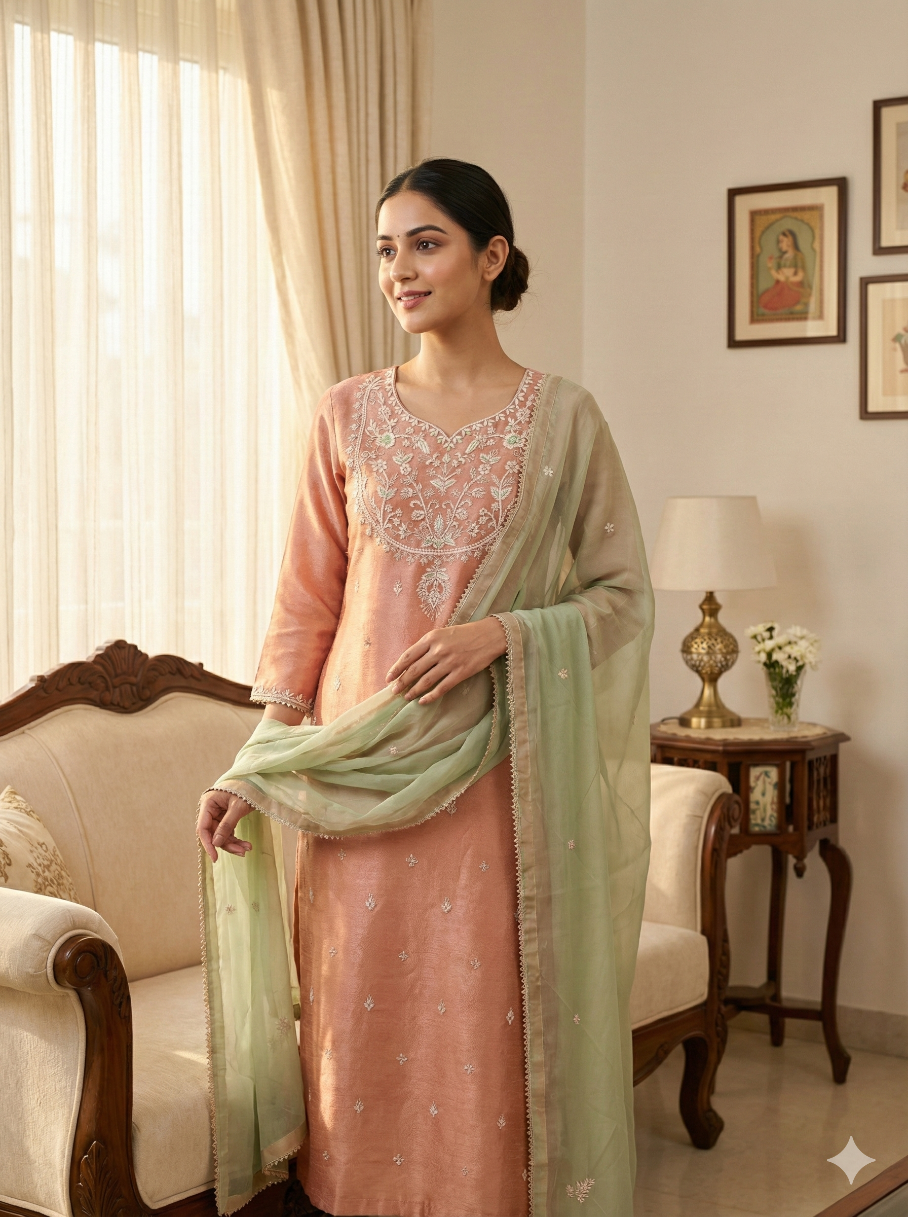 Dusty Peach Chanderi Embroidered Suit Set with Mint Dupatta