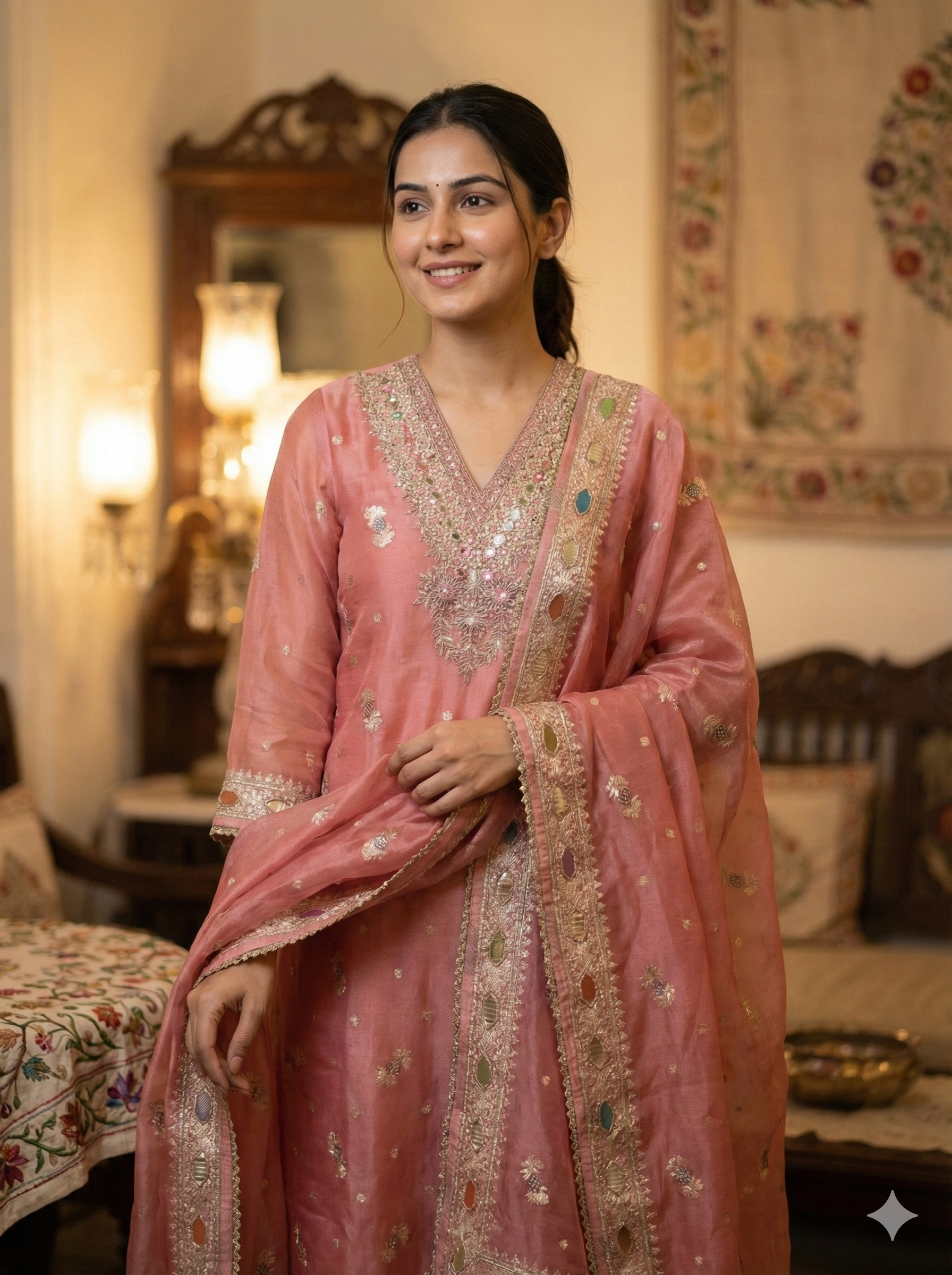 Blush Pink Embroidered Kurta Pant Dupatta Set for Women