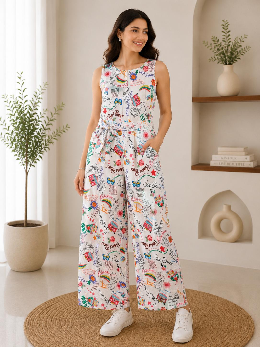 White Graffiti Doodle Print Sleeveless Top & Wide-Leg Pants Co-Ord Set