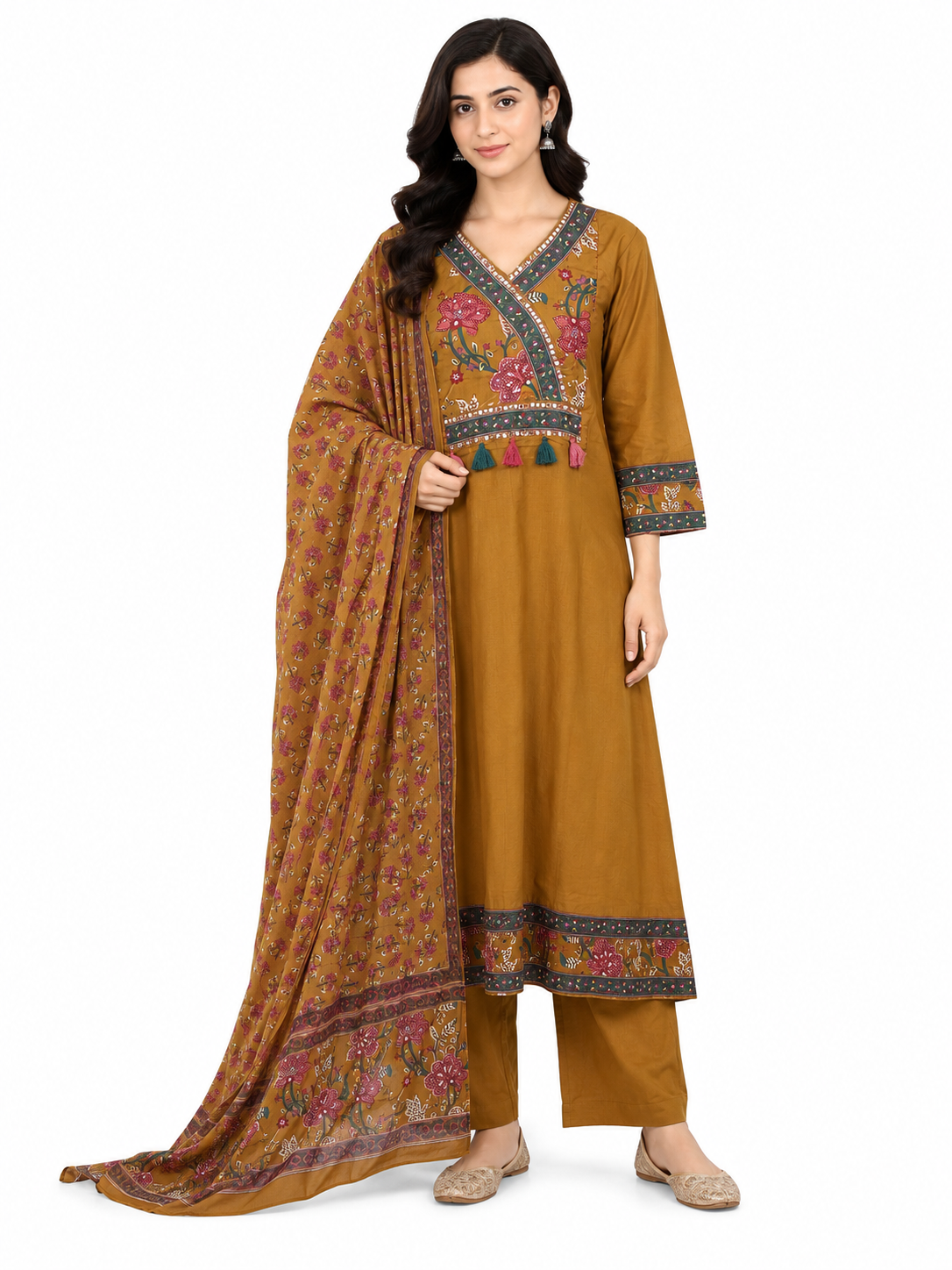 Mustard Floral Printed Anarkali Kurta Pant Set with Dupatta