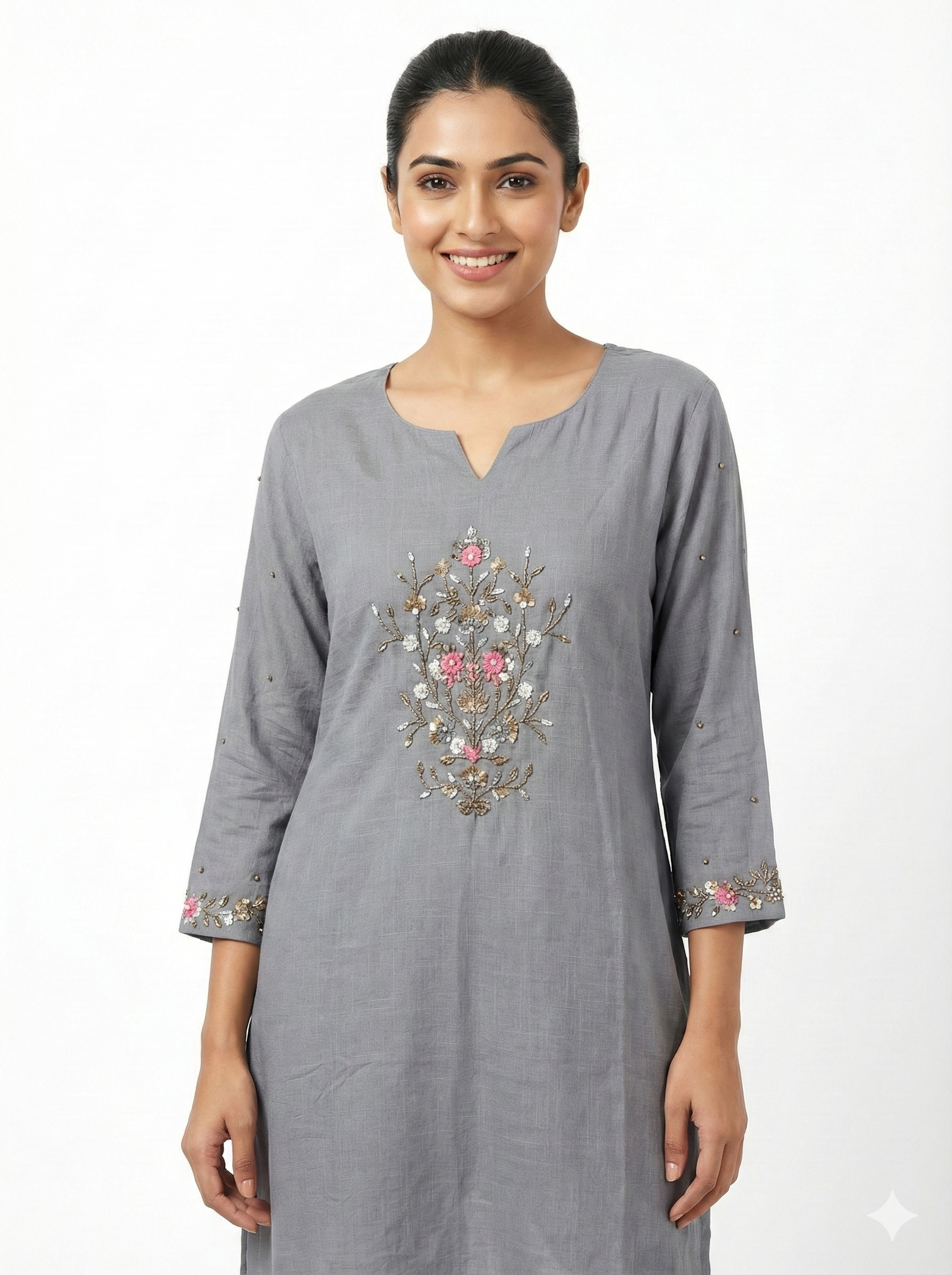 Charcoal Grey Floral Embroidered Ethnic Kurta