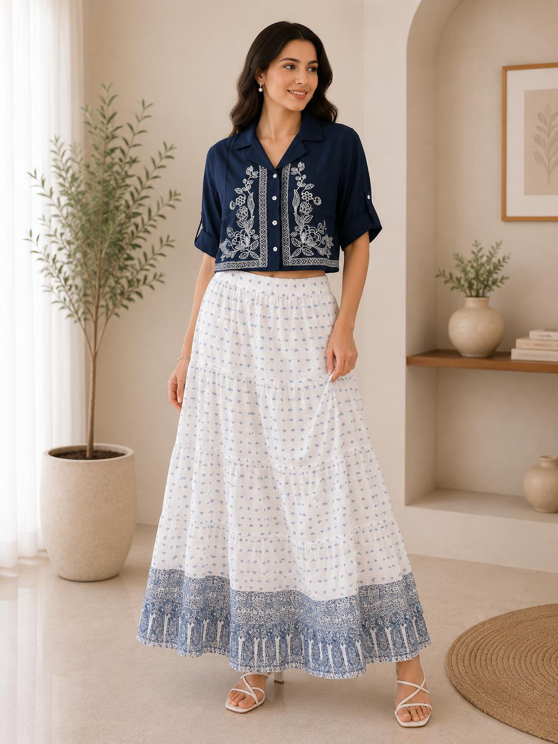 Navy Blue Embroidered Crop Shirt & White Floral Tiered Maxi Skirt Co-Ord Set