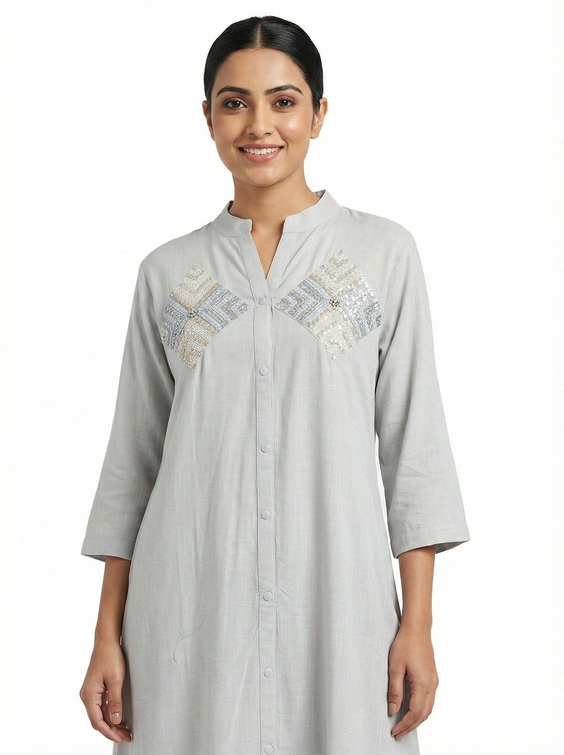 Soft Grey Button Front Embroidered Kurta for Women
