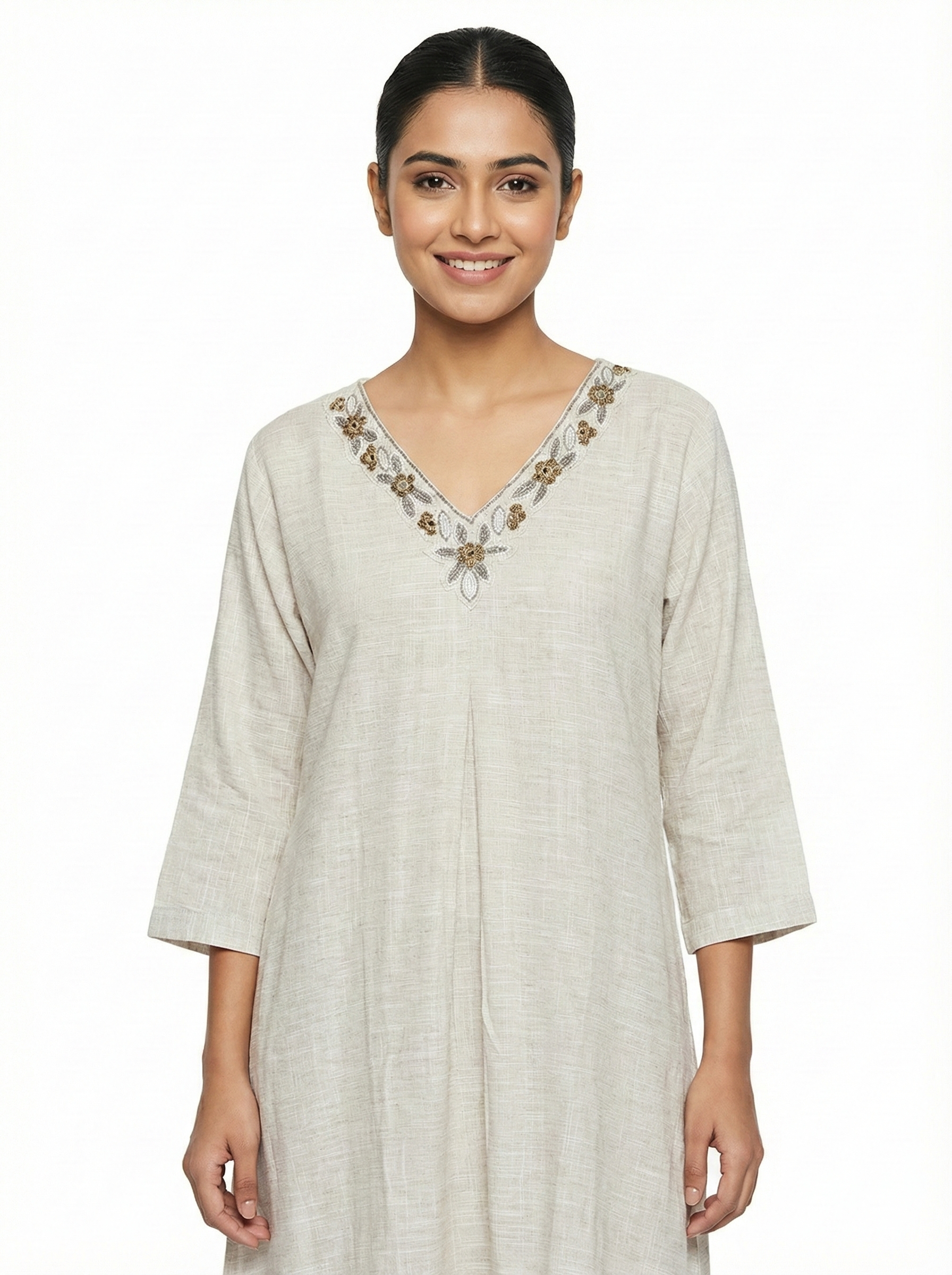 Beige Embroidered V Neck Ethnic Kurta for Women
