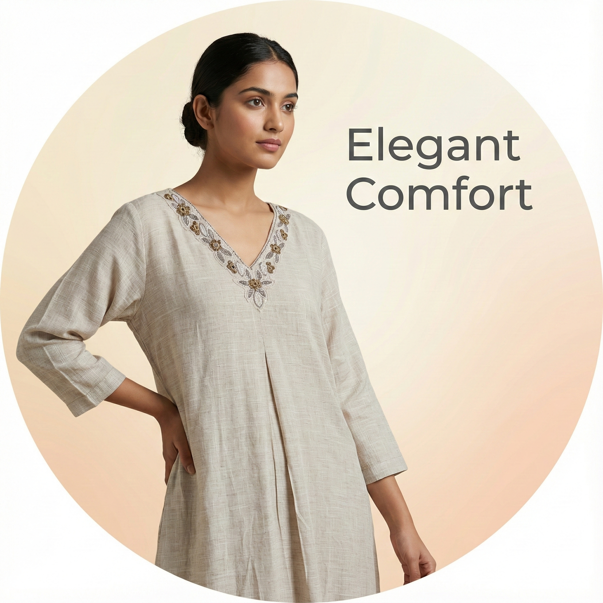 Beige Embroidered V Neck Ethnic Kurta for Women