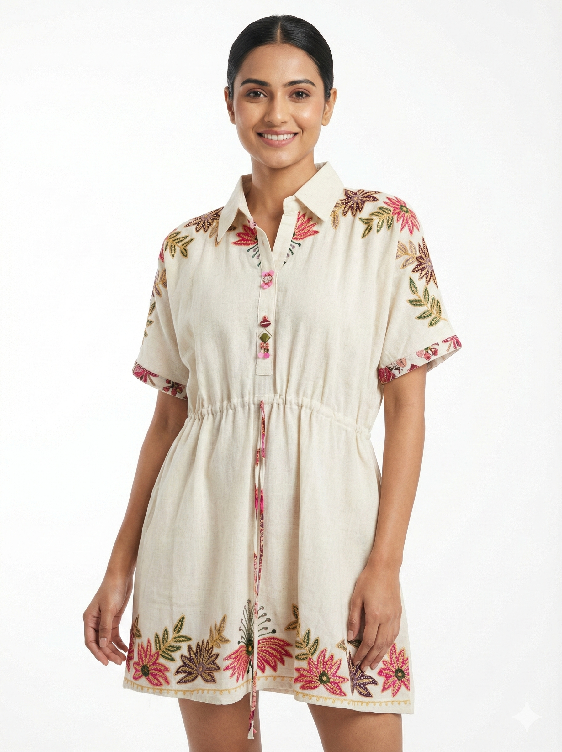Cream Embroidered Shirt Style Ethnic Dress for Women