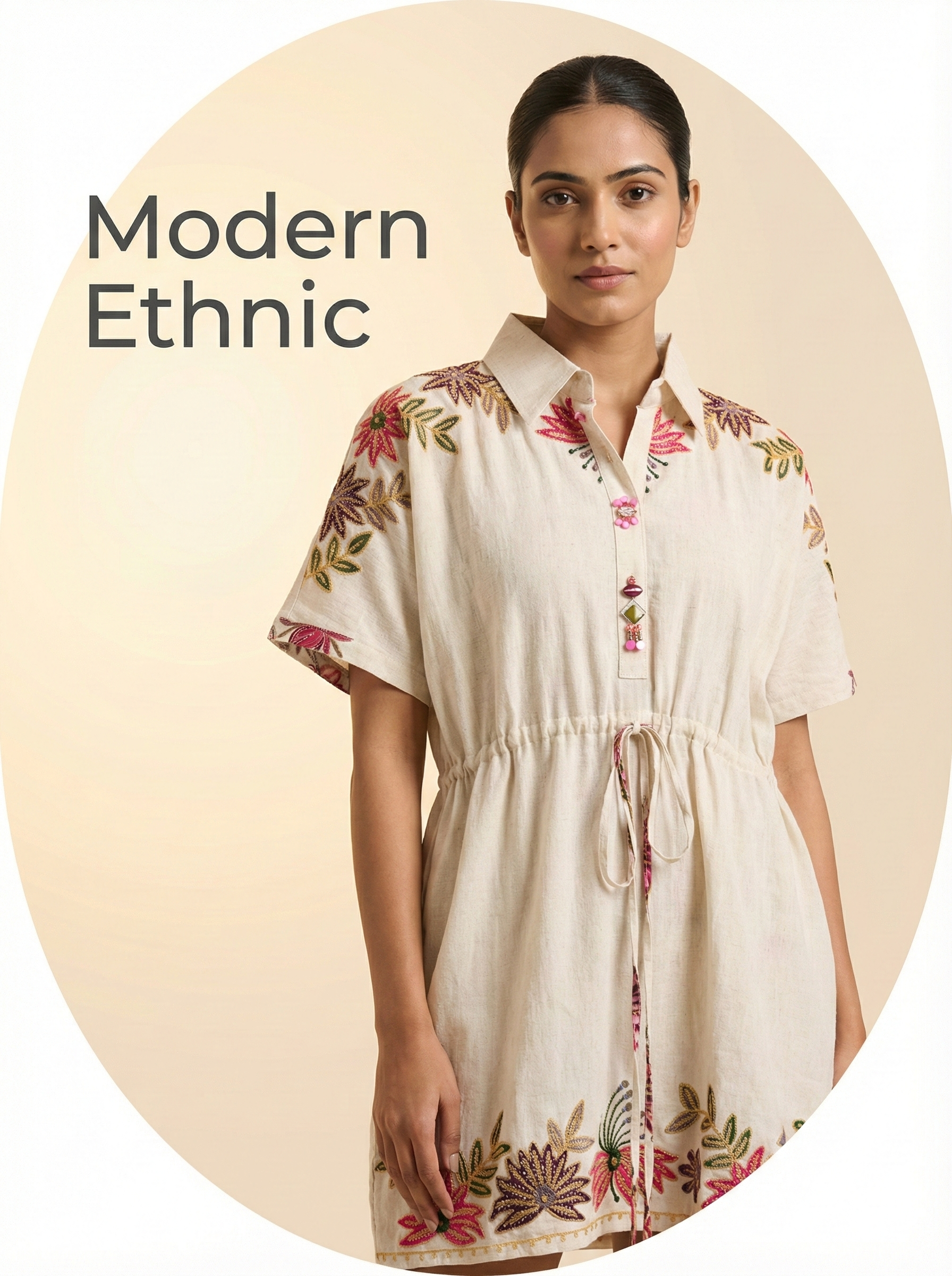 Cream Embroidered Shirt Style Ethnic Dress for Women