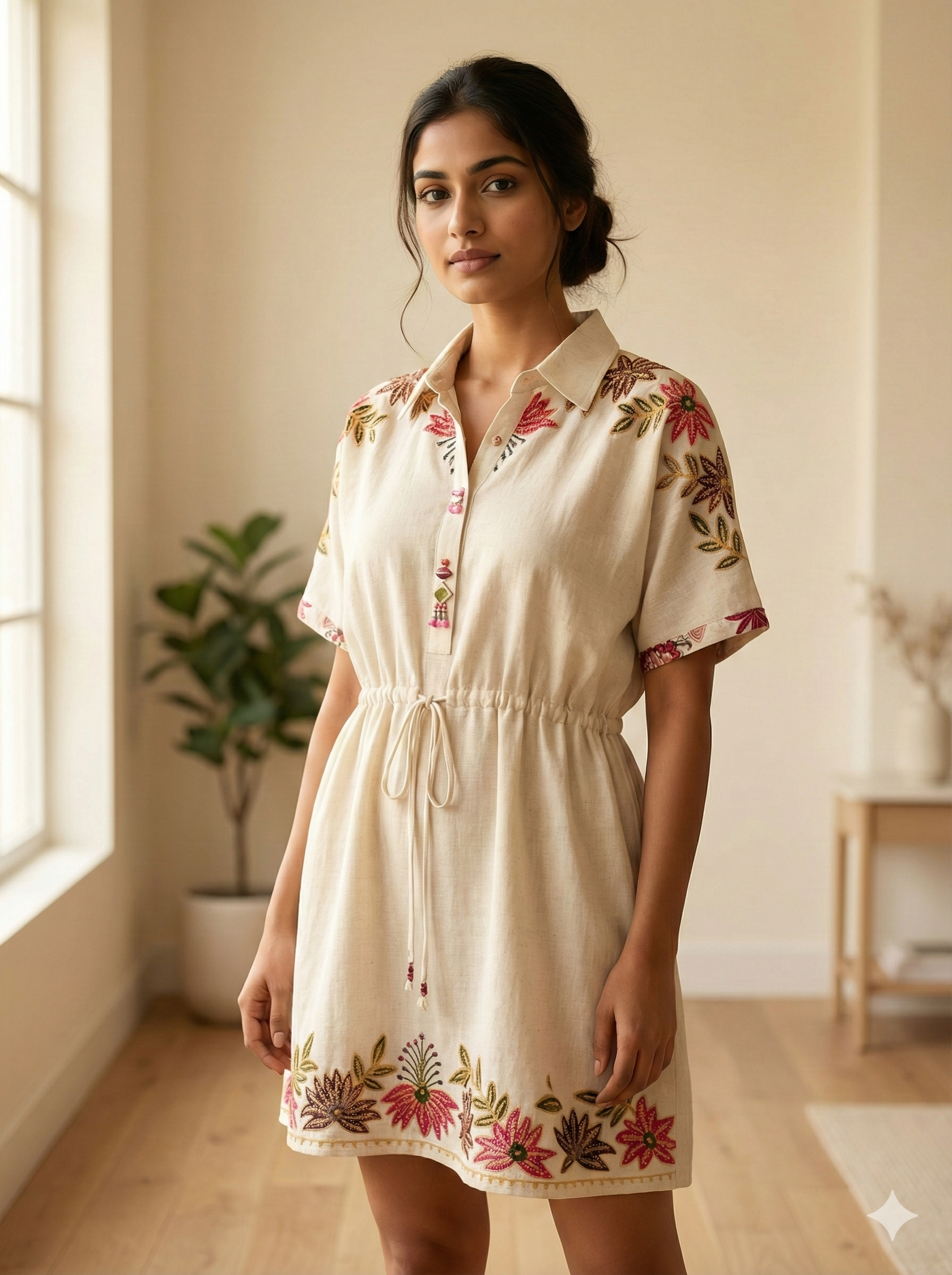 Cream Embroidered Shirt Style Ethnic Dress for Women