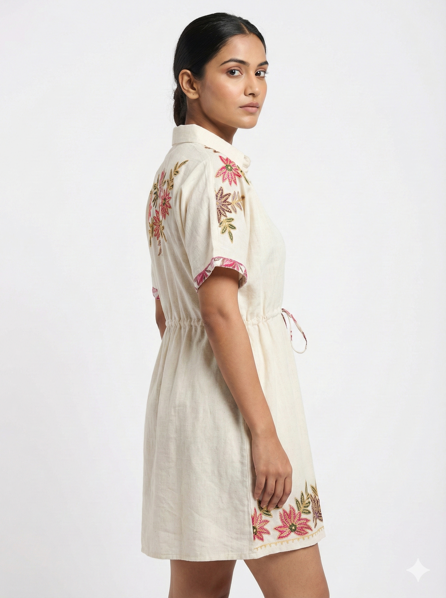Cream Embroidered Shirt Style Ethnic Dress for Women