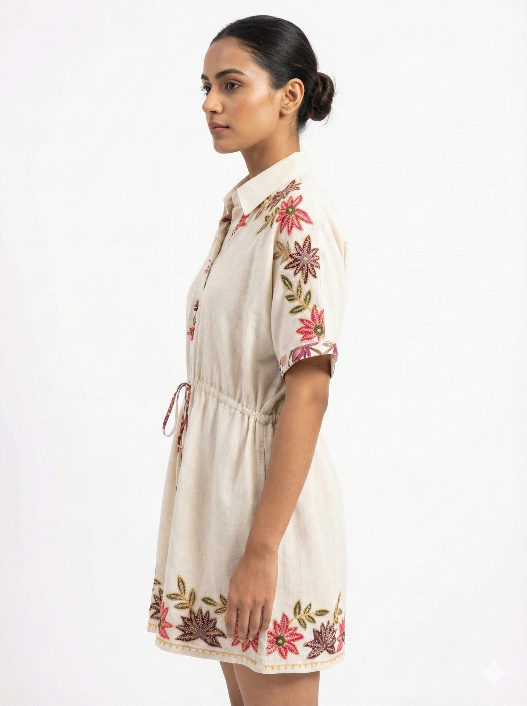 Cream Embroidered Shirt Style Ethnic Dress for Women
