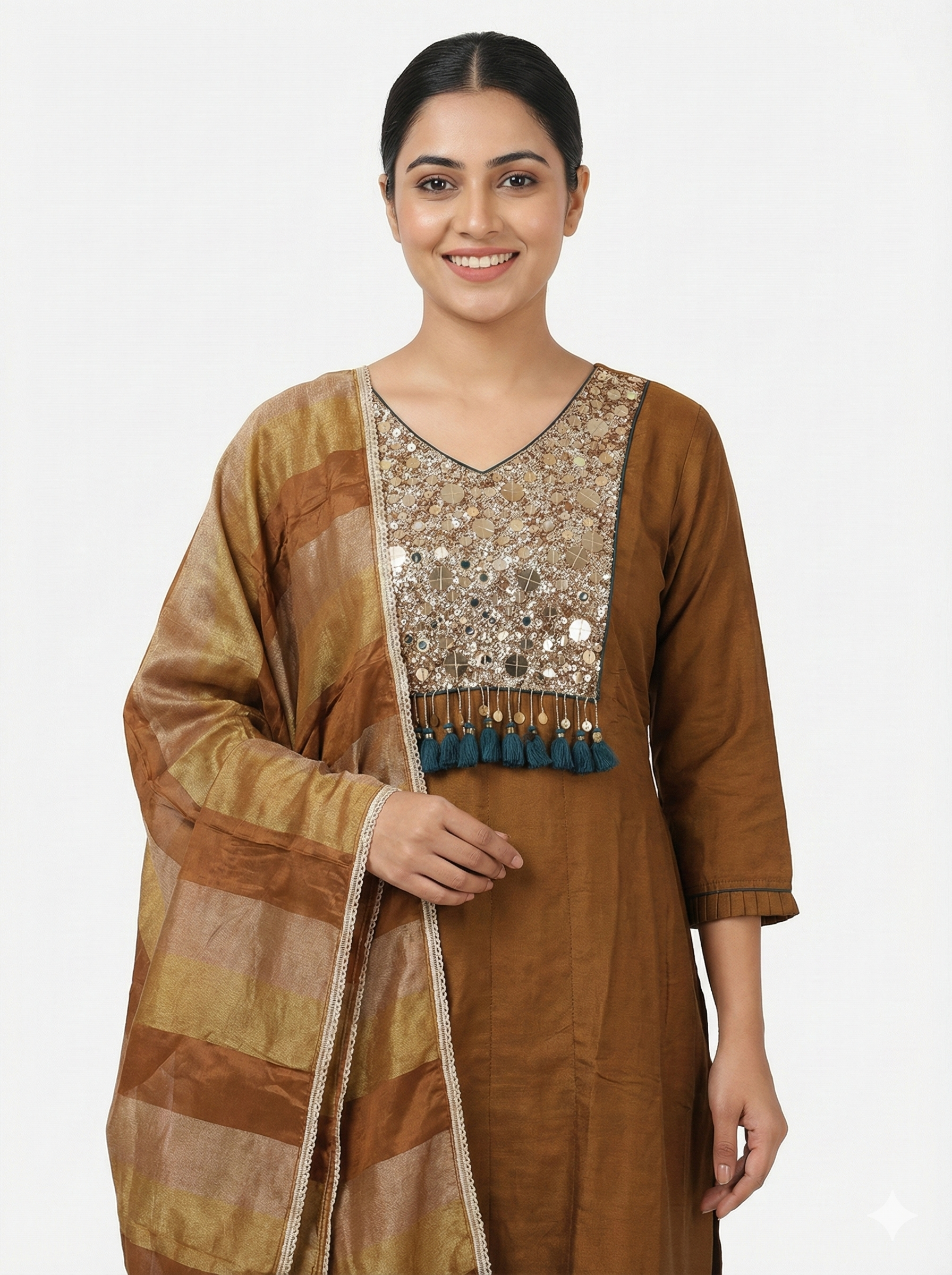 Bronze Embroidered Ethnic Suit Set with Designer Dupatta