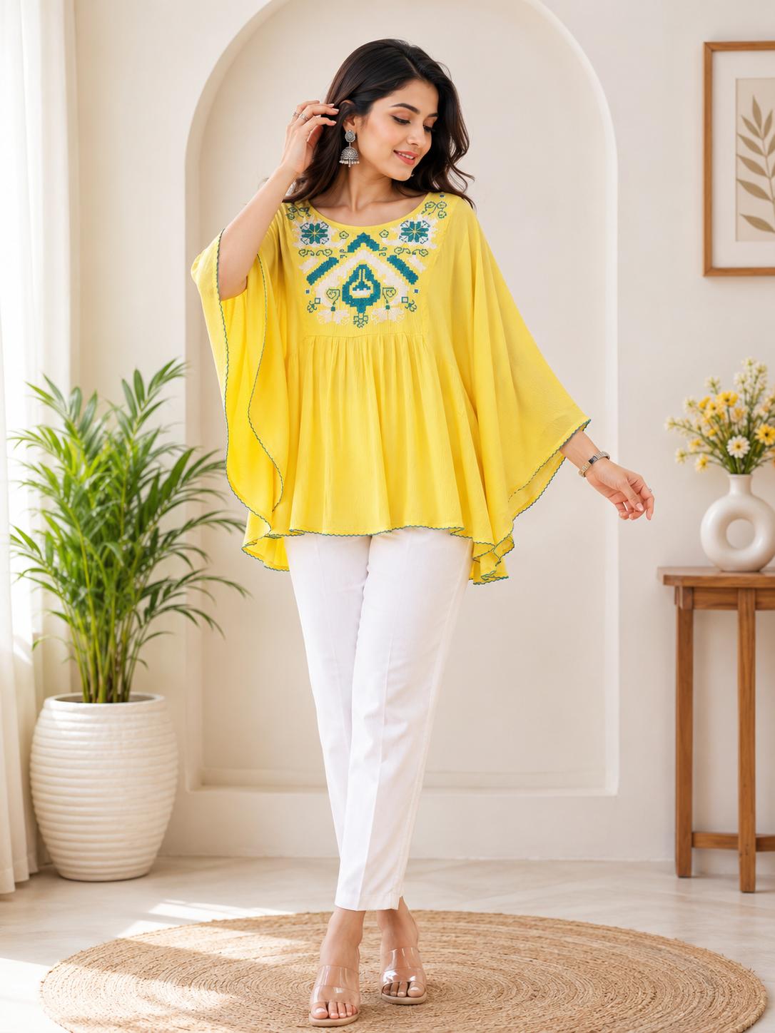 Yellow Geometric Cross-Stitch Embroidered Kaftan Top with Bell Sleeves