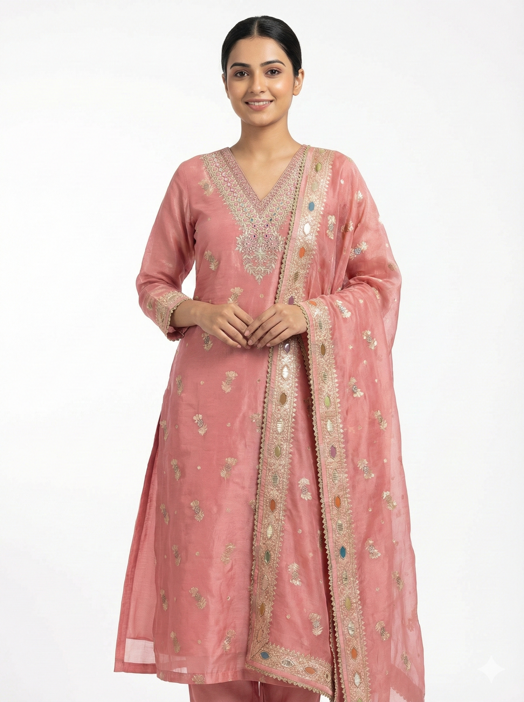 Blush Pink Embroidered Kurta Pant Dupatta Set for Women