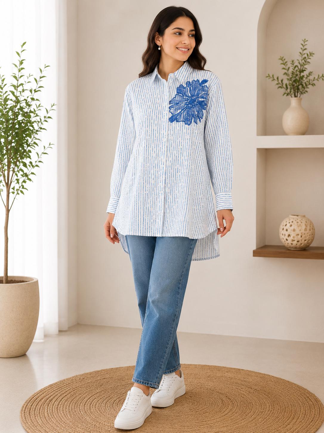 White Blue Stripe Floral Applique Embroidered Long Shirt Tunic Top