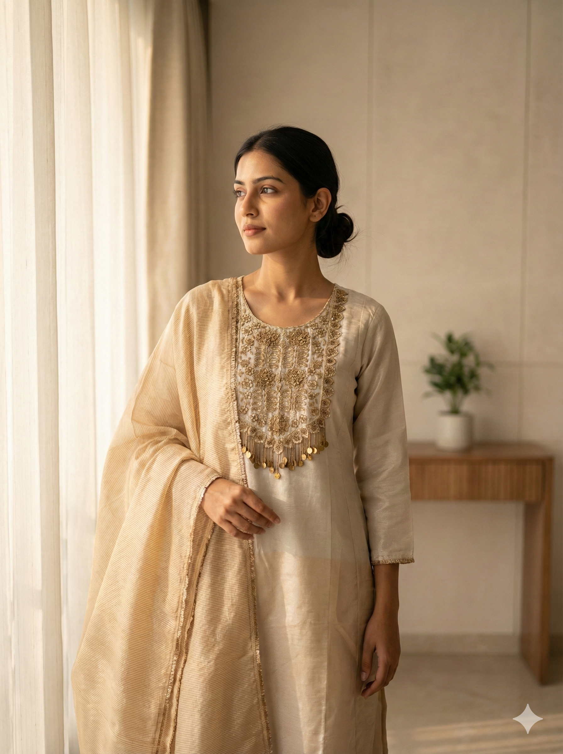 Cream Gold Embroidered Festive Suit Set with Dupatta