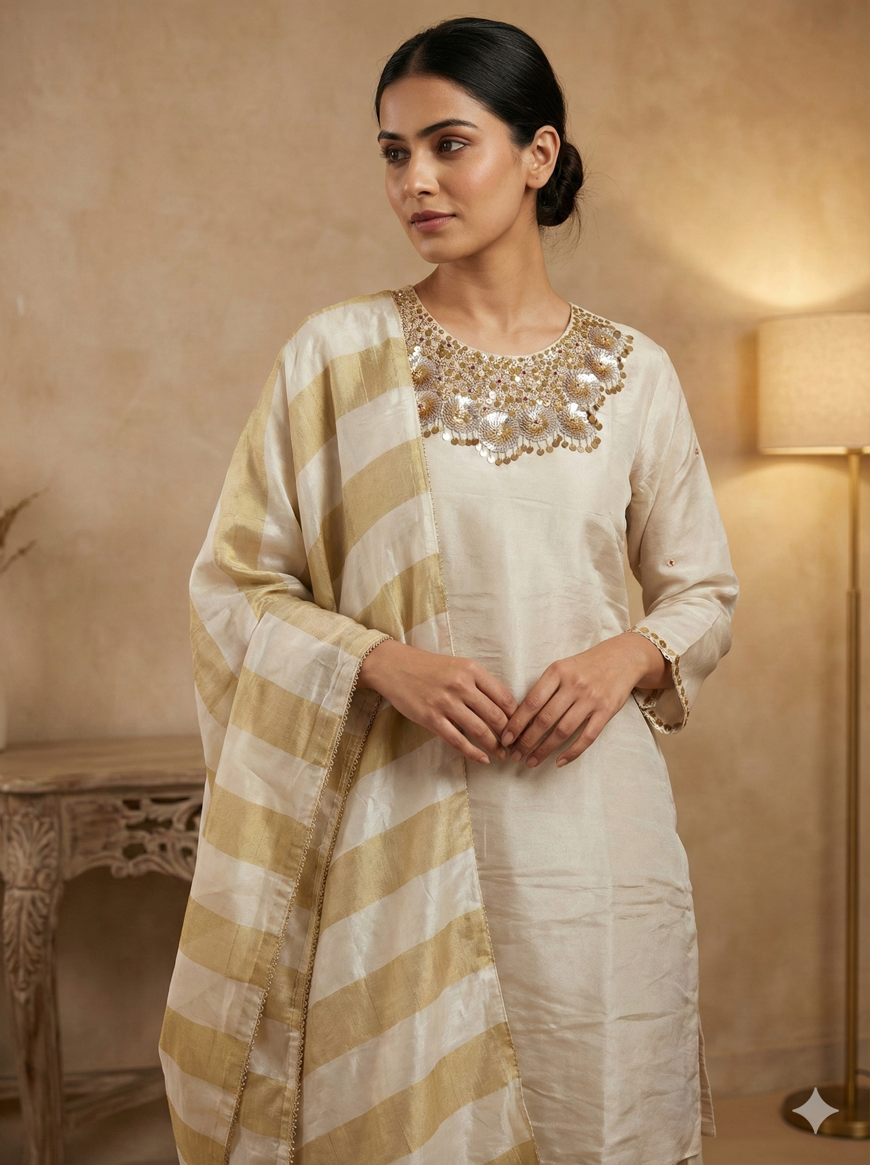 Beige Gold Embroidered Festive Suit Set with Dupatta