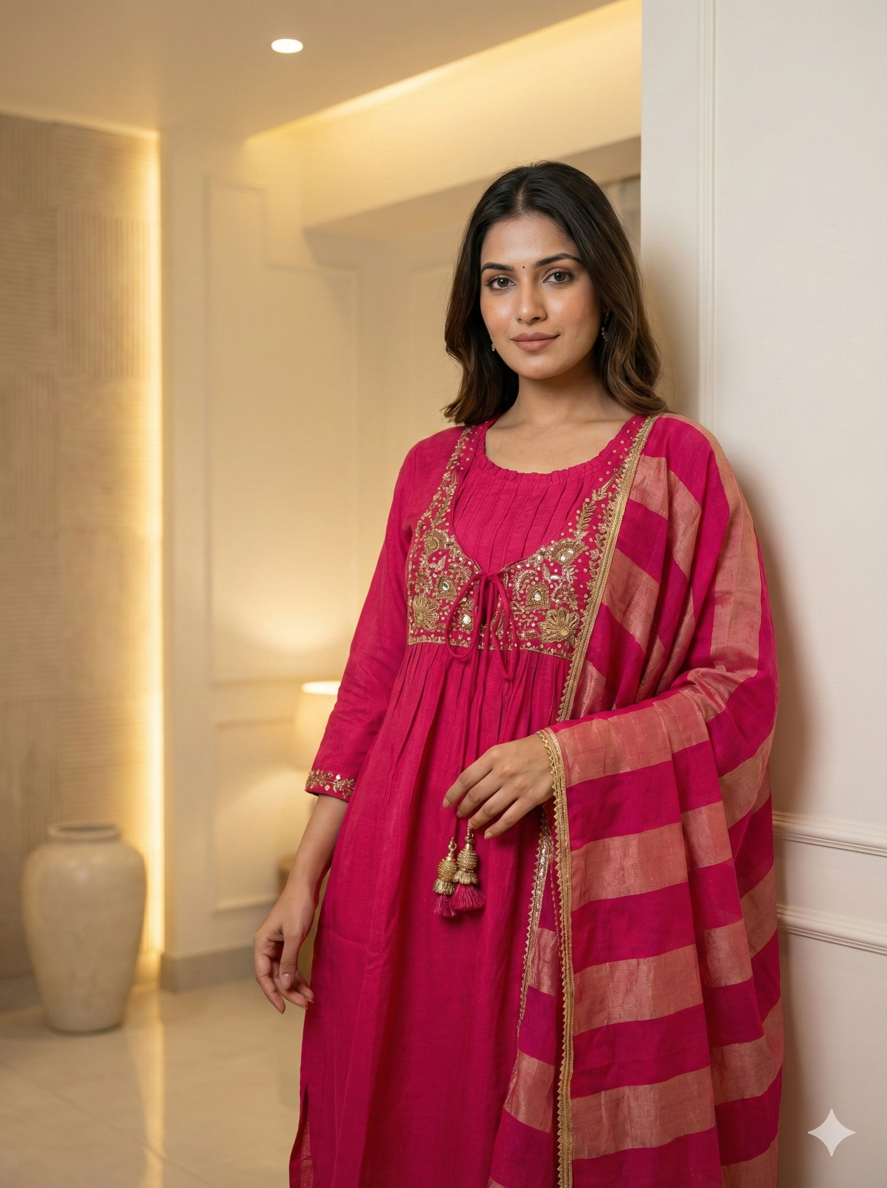 Fuchsia Pink Embroidered Suit Set with Designer Dupatta