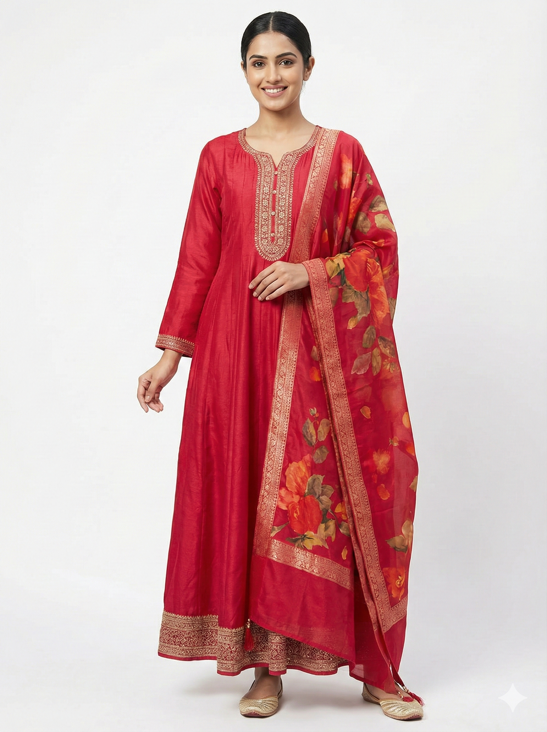 Royal Red Embroidered Anarkali Suit Set with Floral Dupatta