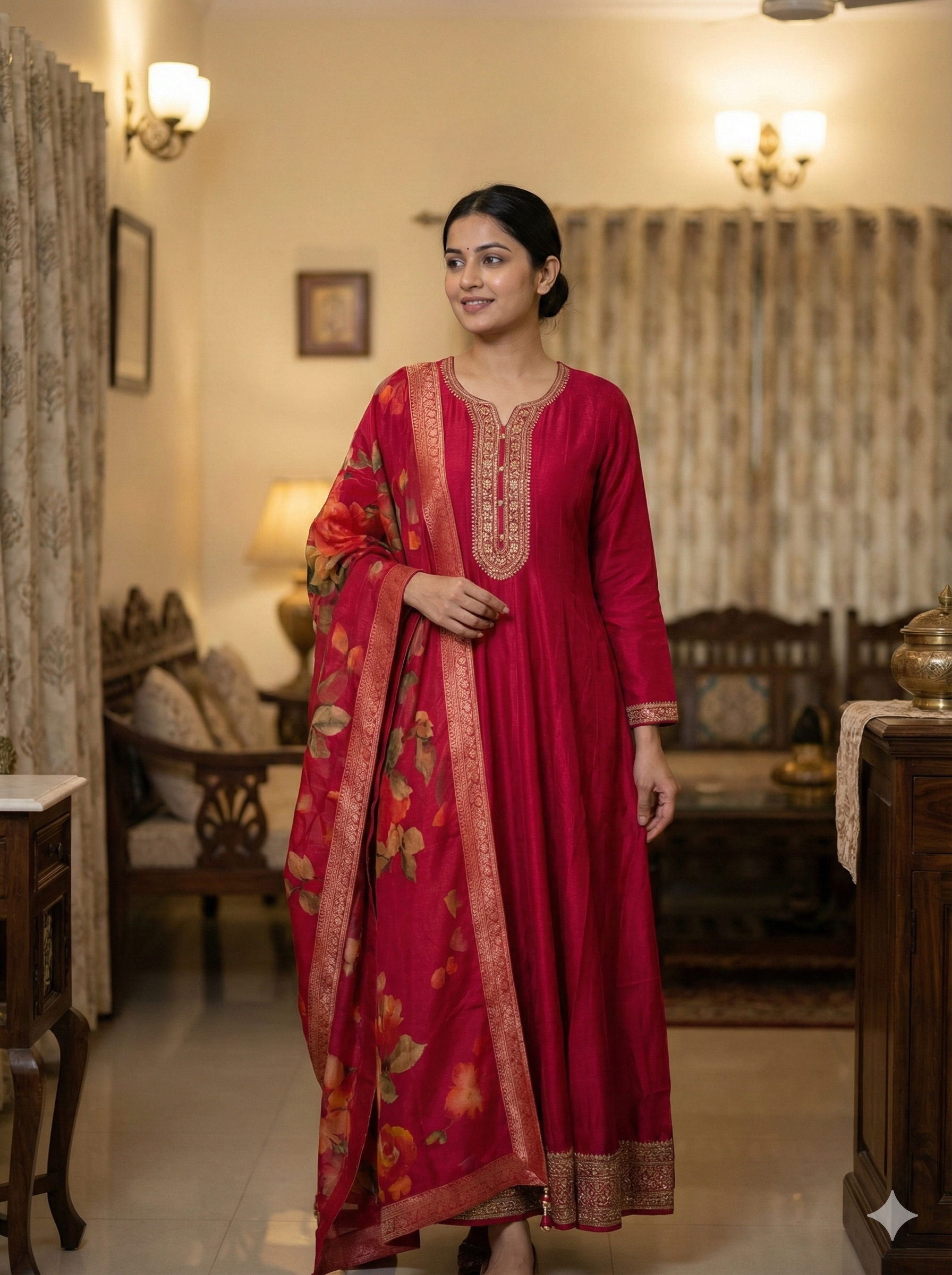Royal Red Embroidered Anarkali Suit Set with Floral Dupatta
