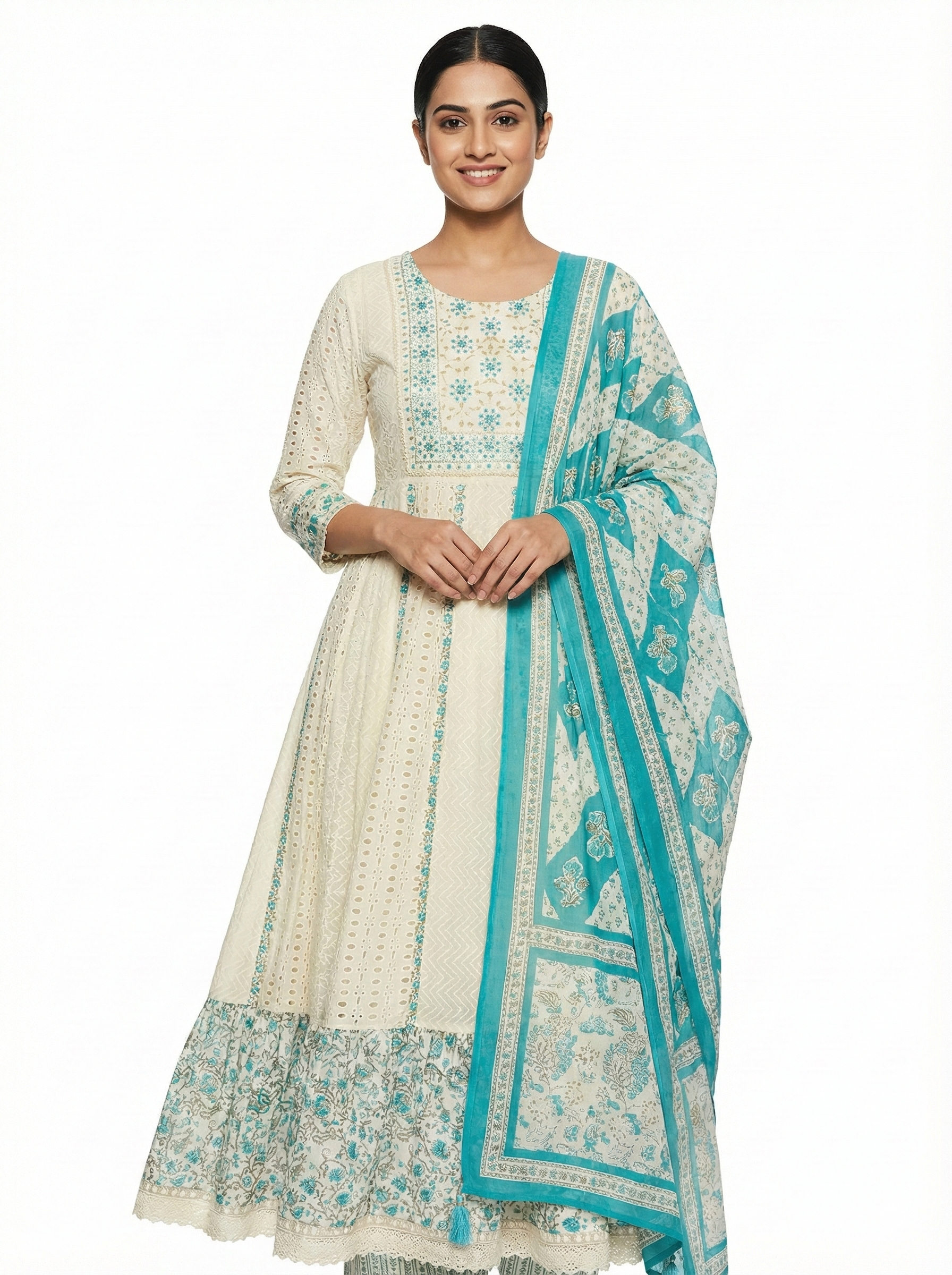 Ivory Aqua Printed Anarkali Suit Set with Dupatta