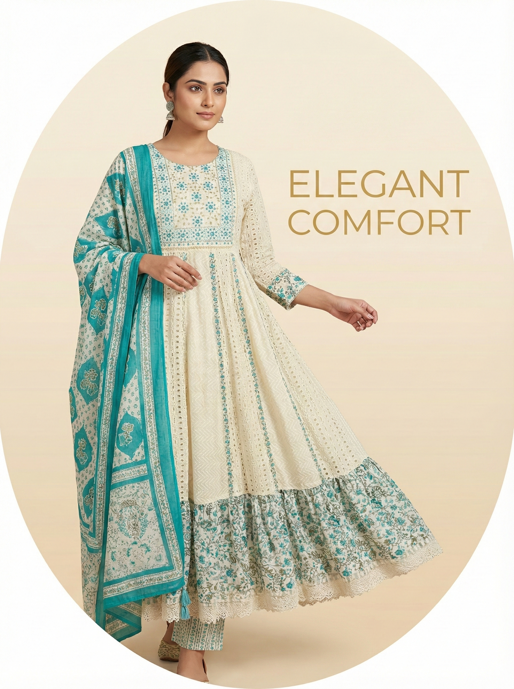 Ivory Aqua Printed Anarkali Suit Set with Dupatta