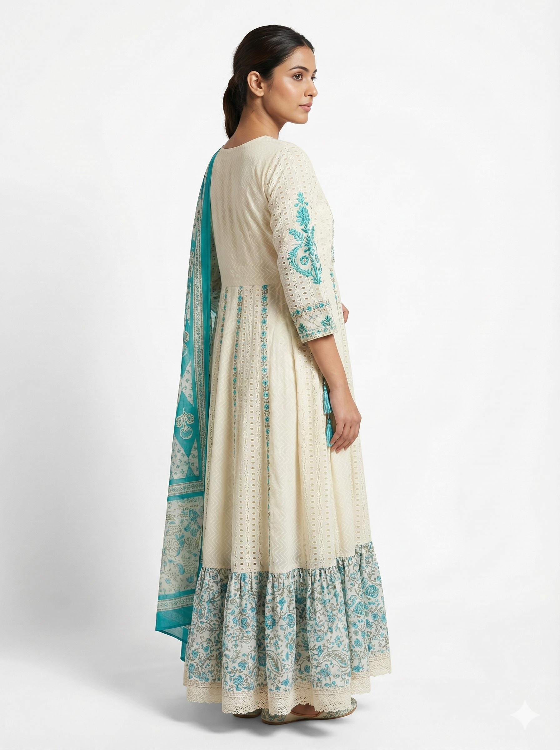 Ivory Aqua Printed Anarkali Suit Set with Dupatta