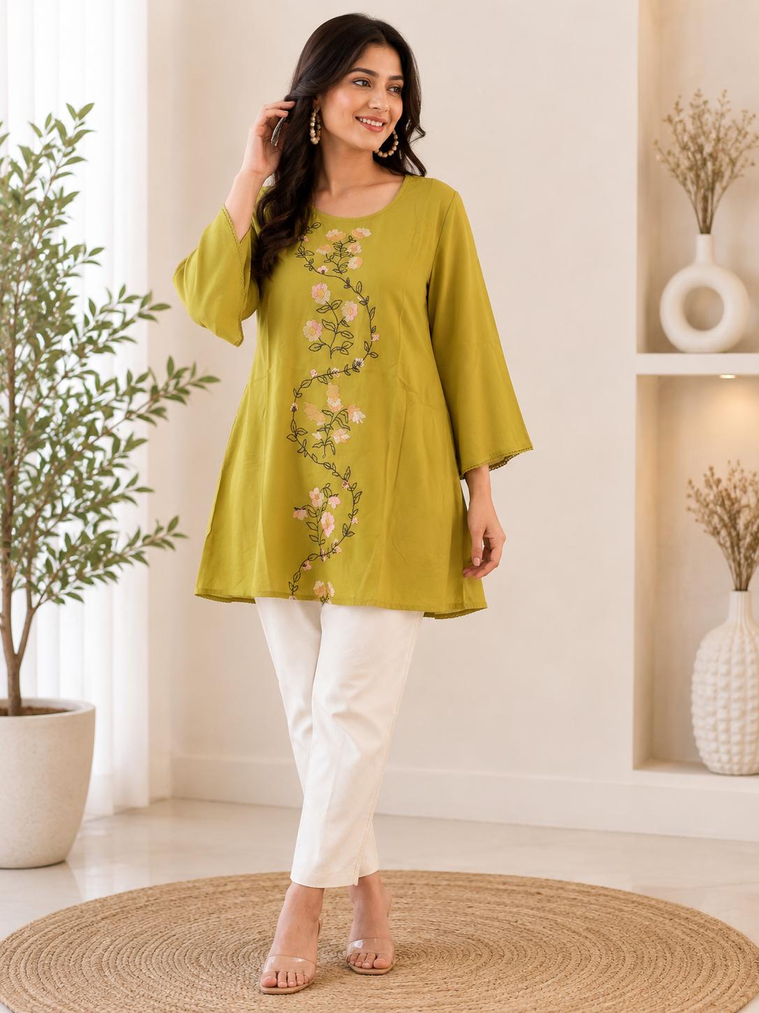 Olive Green Floral Vine Embroidered A-Line Top with Bell Sleeves