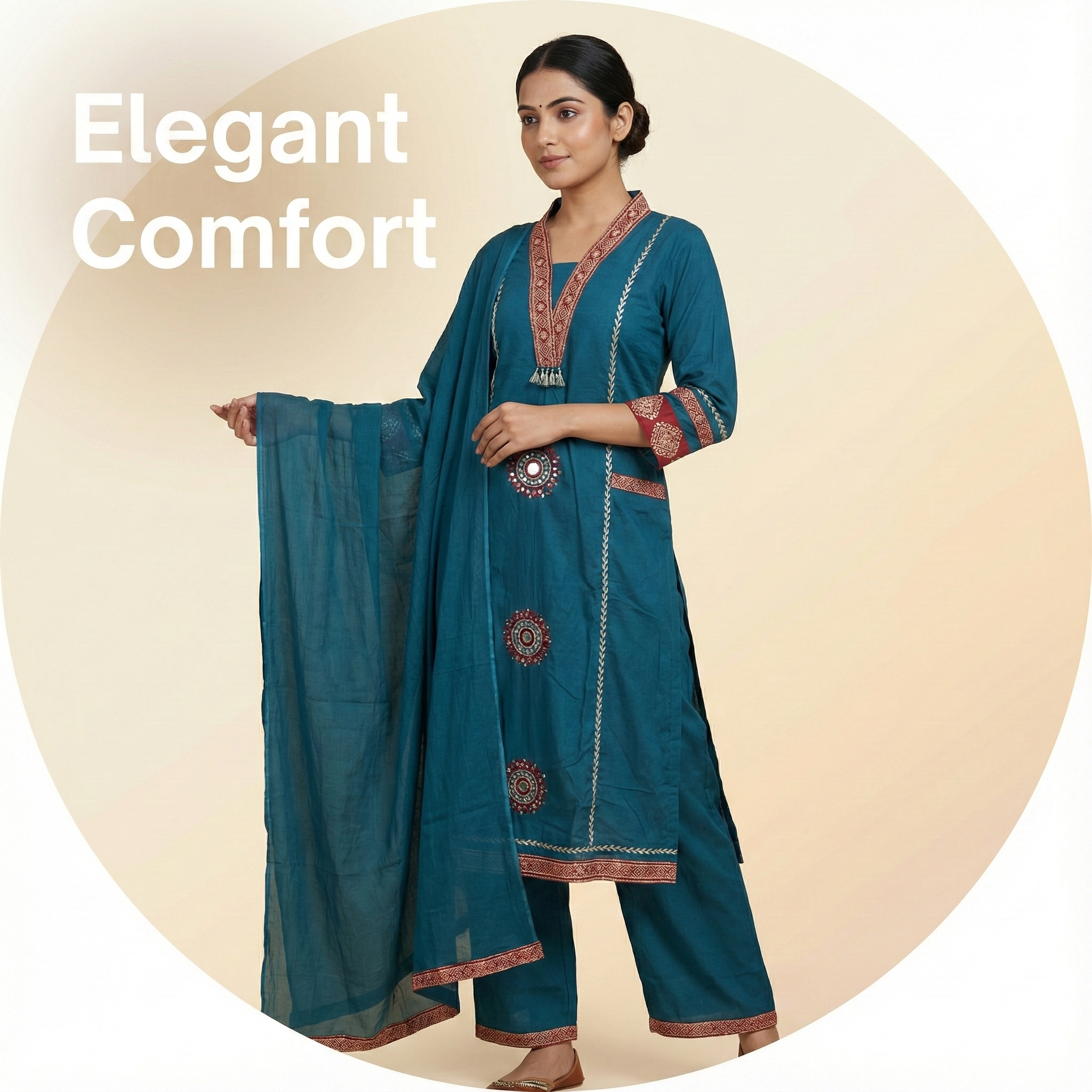 Teal Blue Embroidered Kurta Pant Dupatta Set for Women