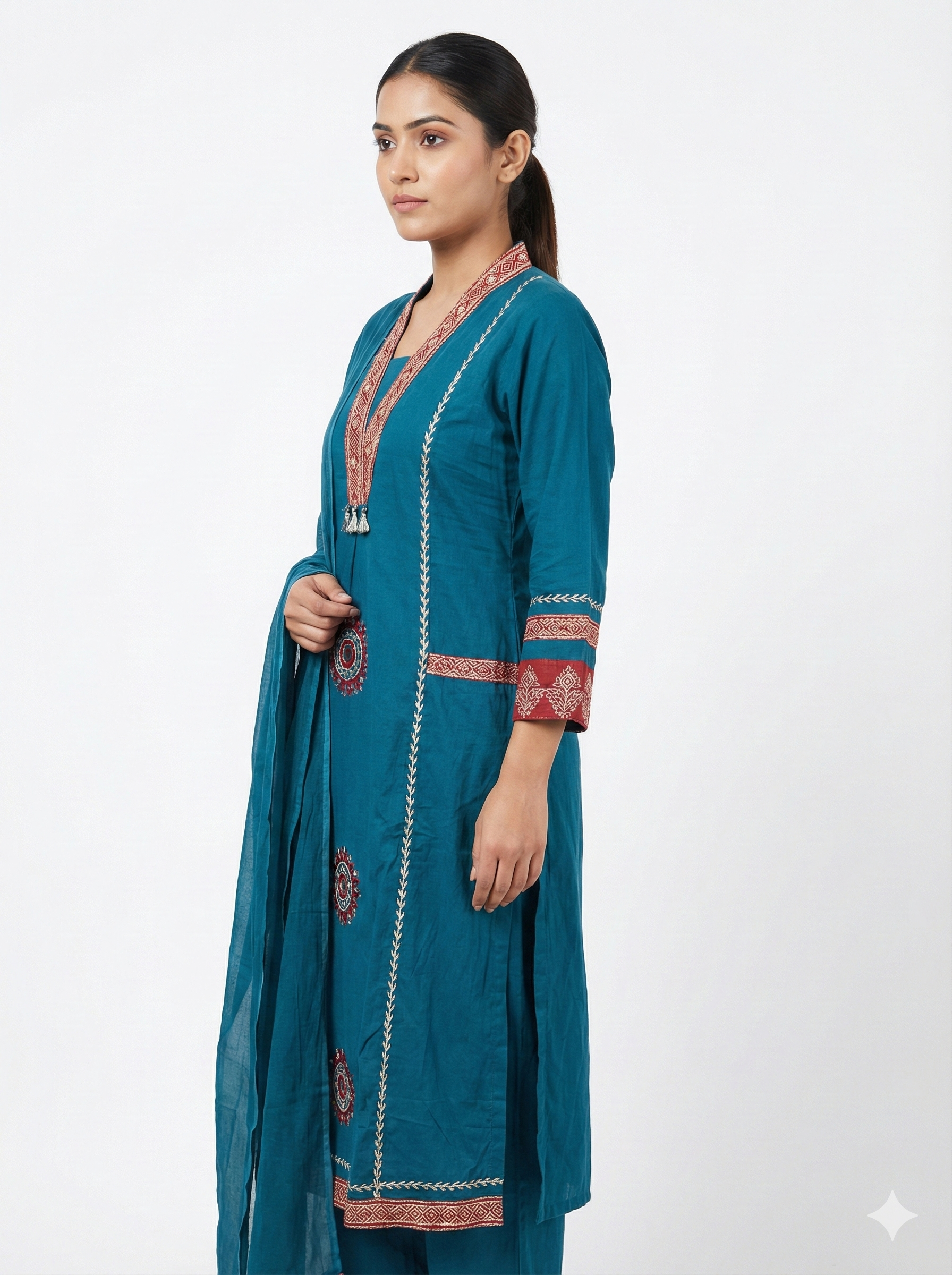 Teal Blue Embroidered Kurta Pant Dupatta Set for Women