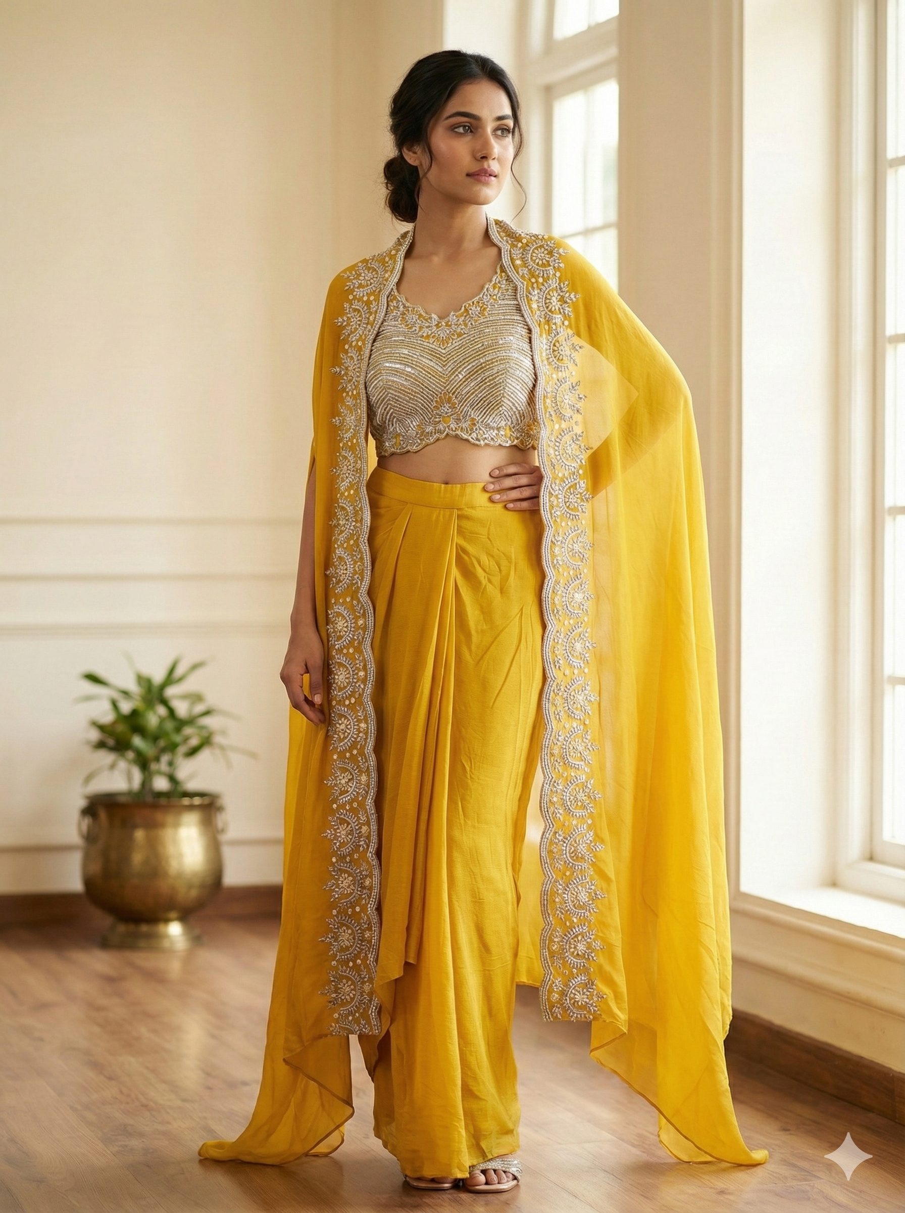 Mustard Yellow Embroidered Cape Drape Set