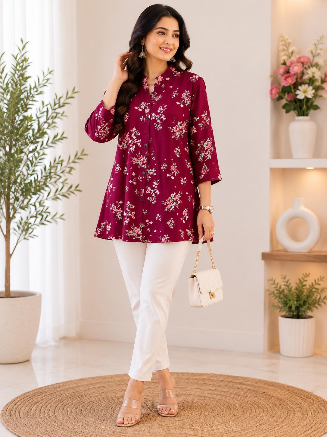 Maroon Floral Print Mandarin Collar A-Line Top