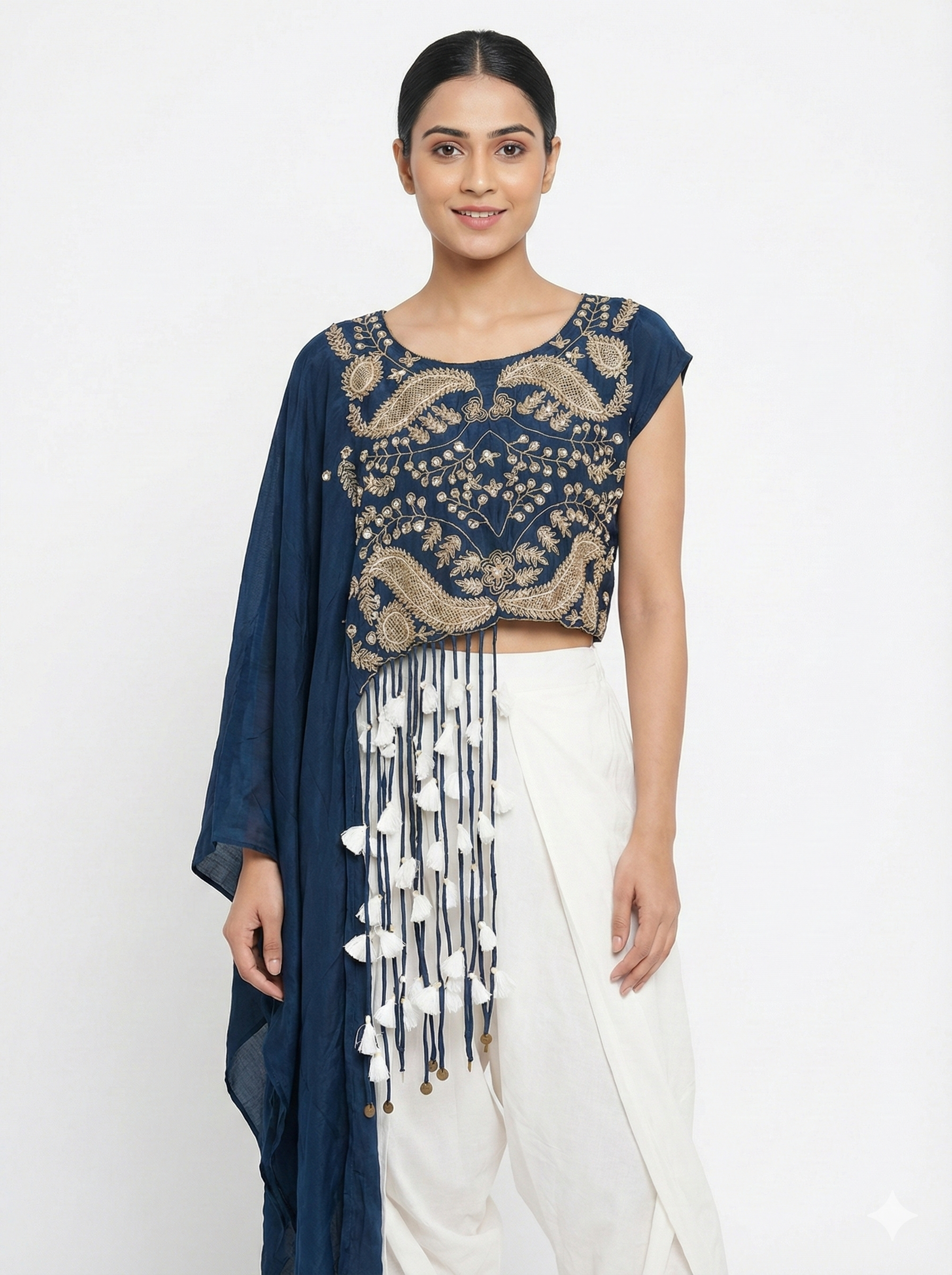 Navy Embroidered Crop Top with Drape Pant Set