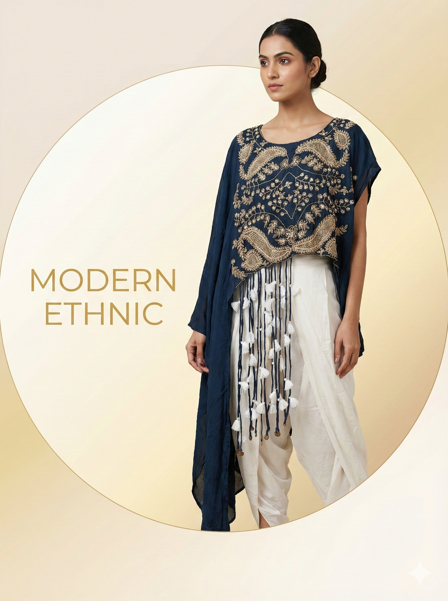 Navy Embroidered Crop Top with Drape Pant Set
