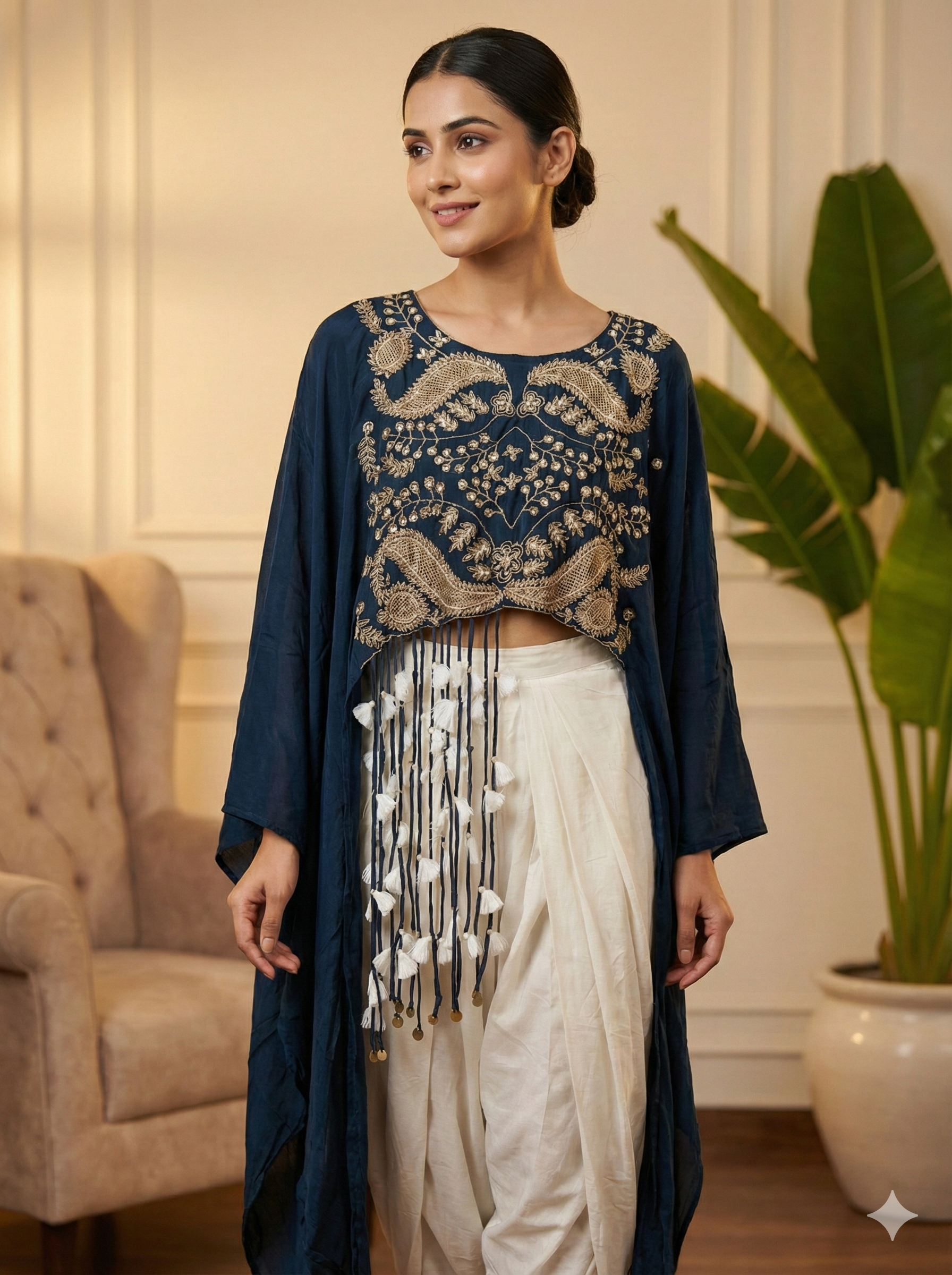 Navy Embroidered Crop Top with Drape Pant Set