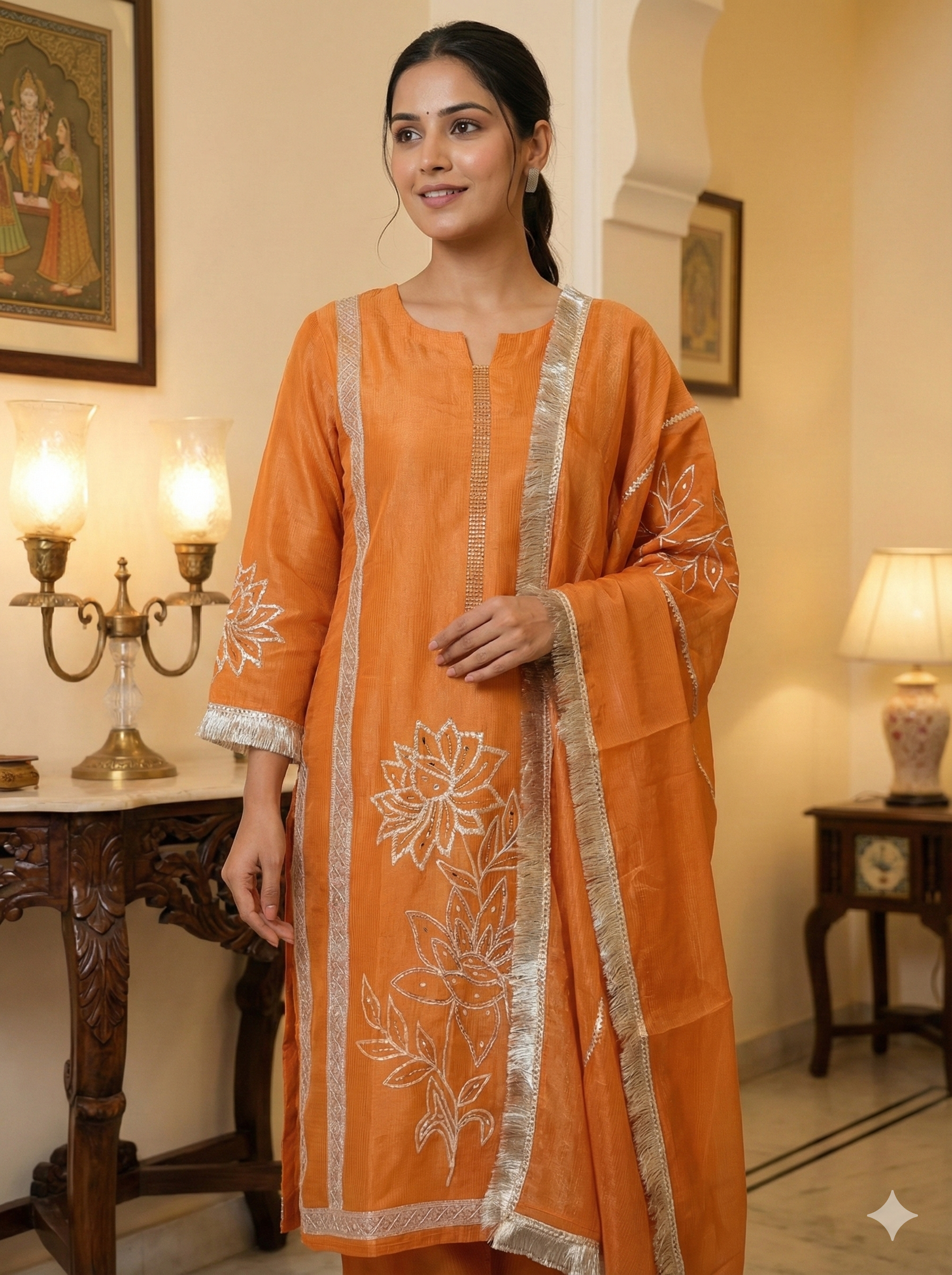 Rust Orange Hand Embroidered Kurta Pant Dupatta Set for Women