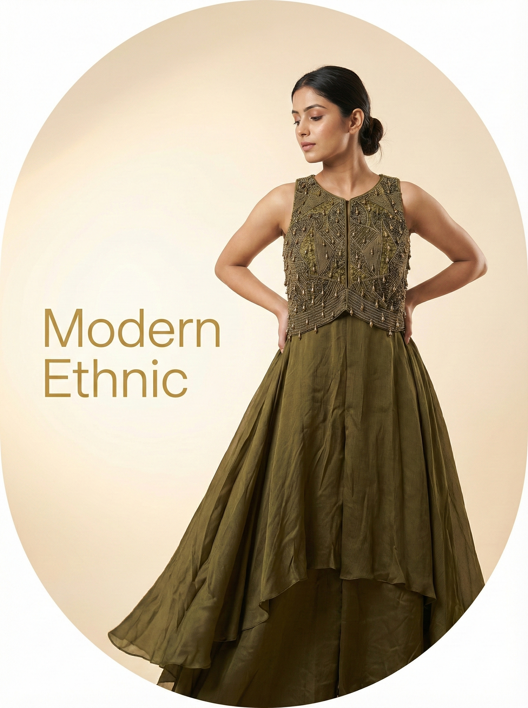 Olive Green Embellished Layered Anarkali Gown Set for Women
