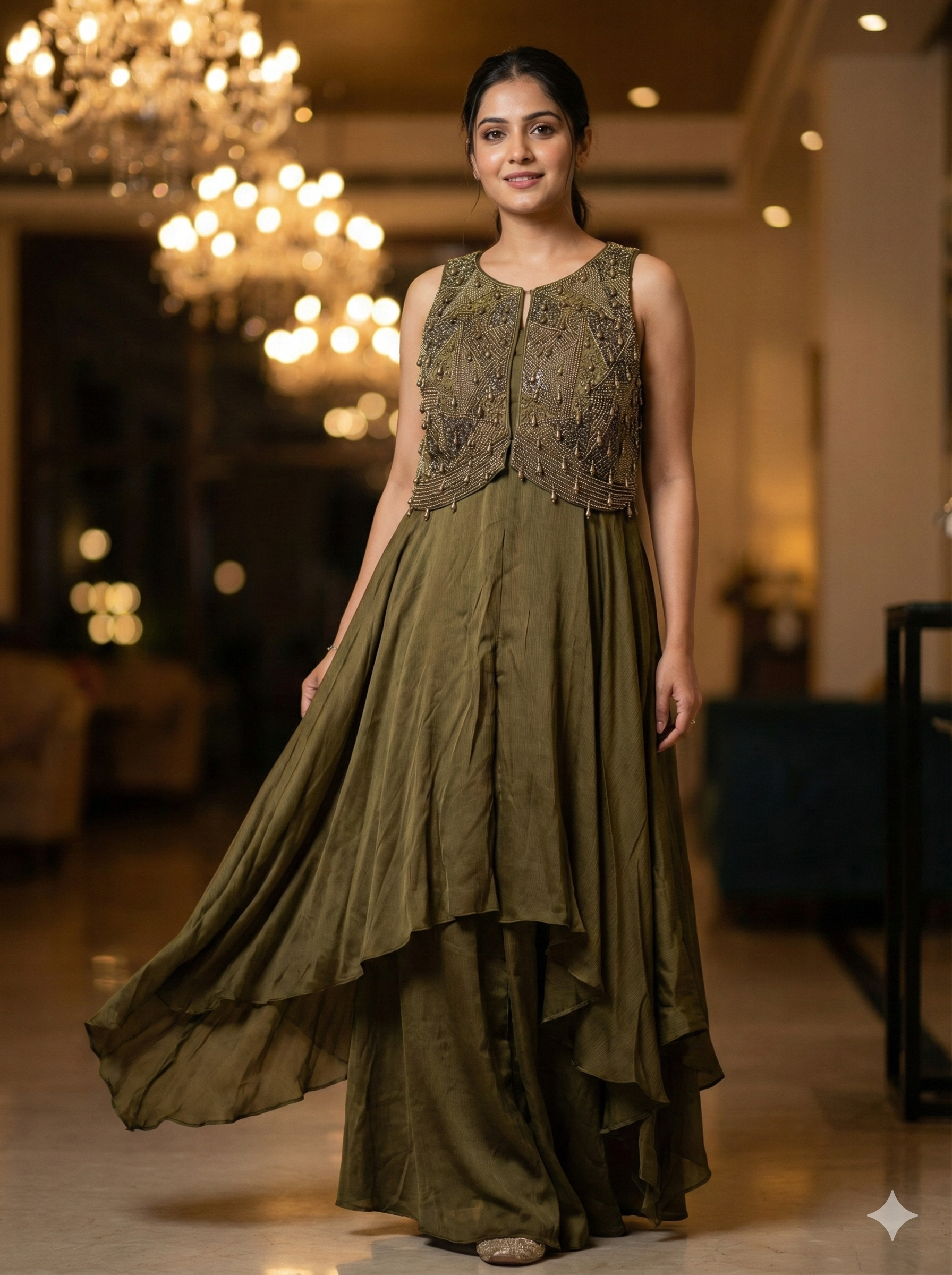 Olive Green Embellished Layered Anarkali Gown Set for Women