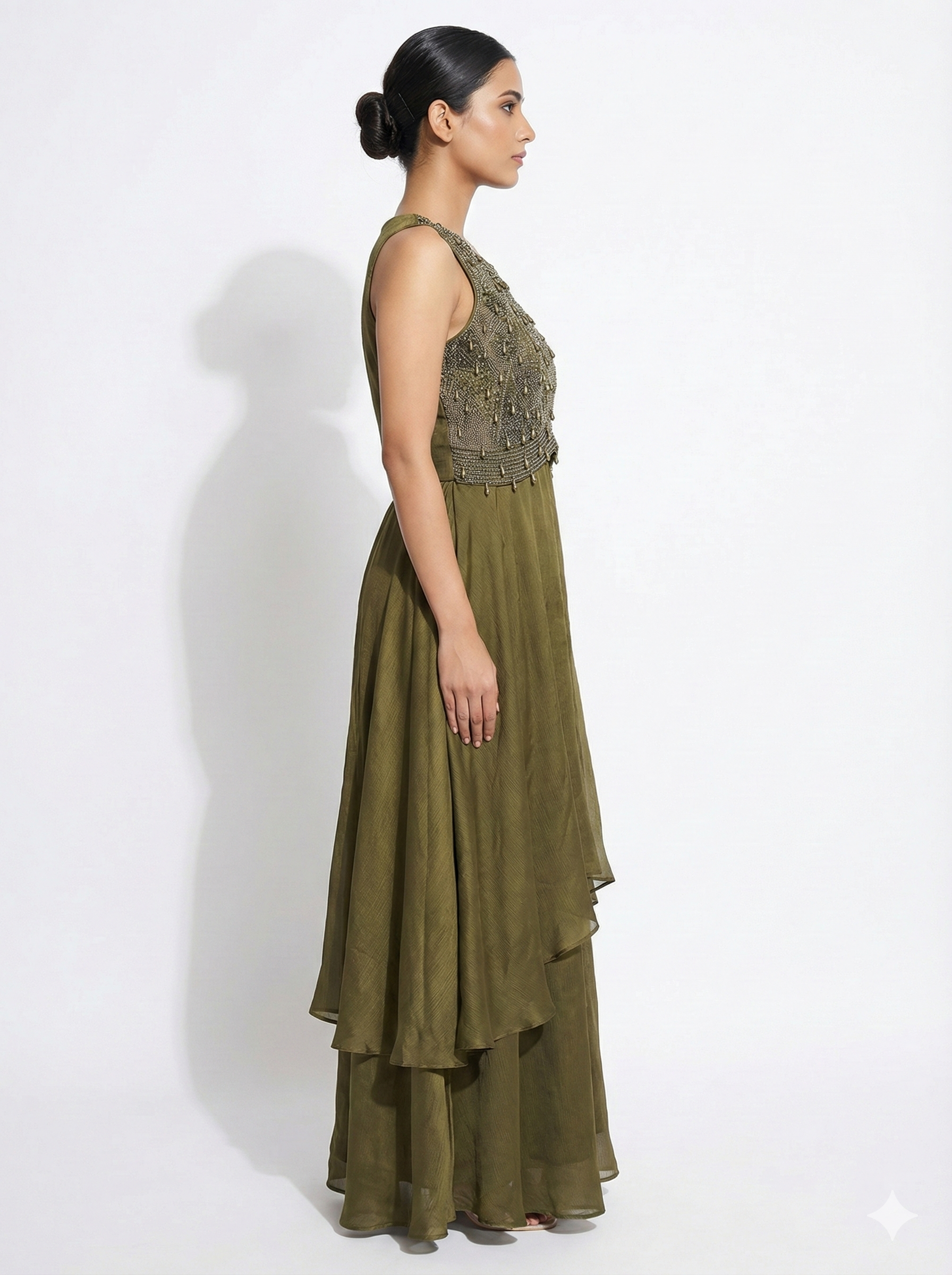 Olive Green Embellished Layered Anarkali Gown Set for Women