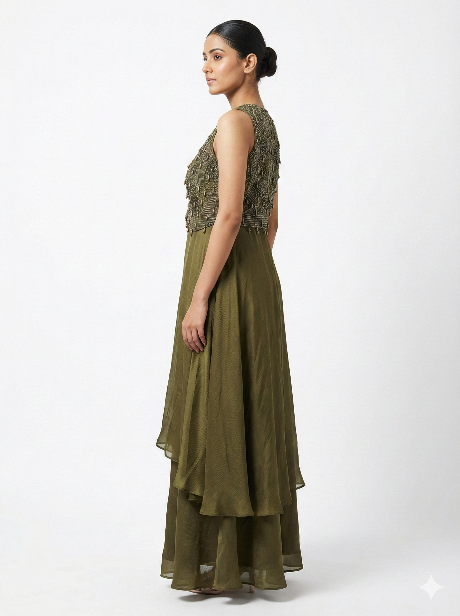 Olive Green Embellished Layered Anarkali Gown Set for Women