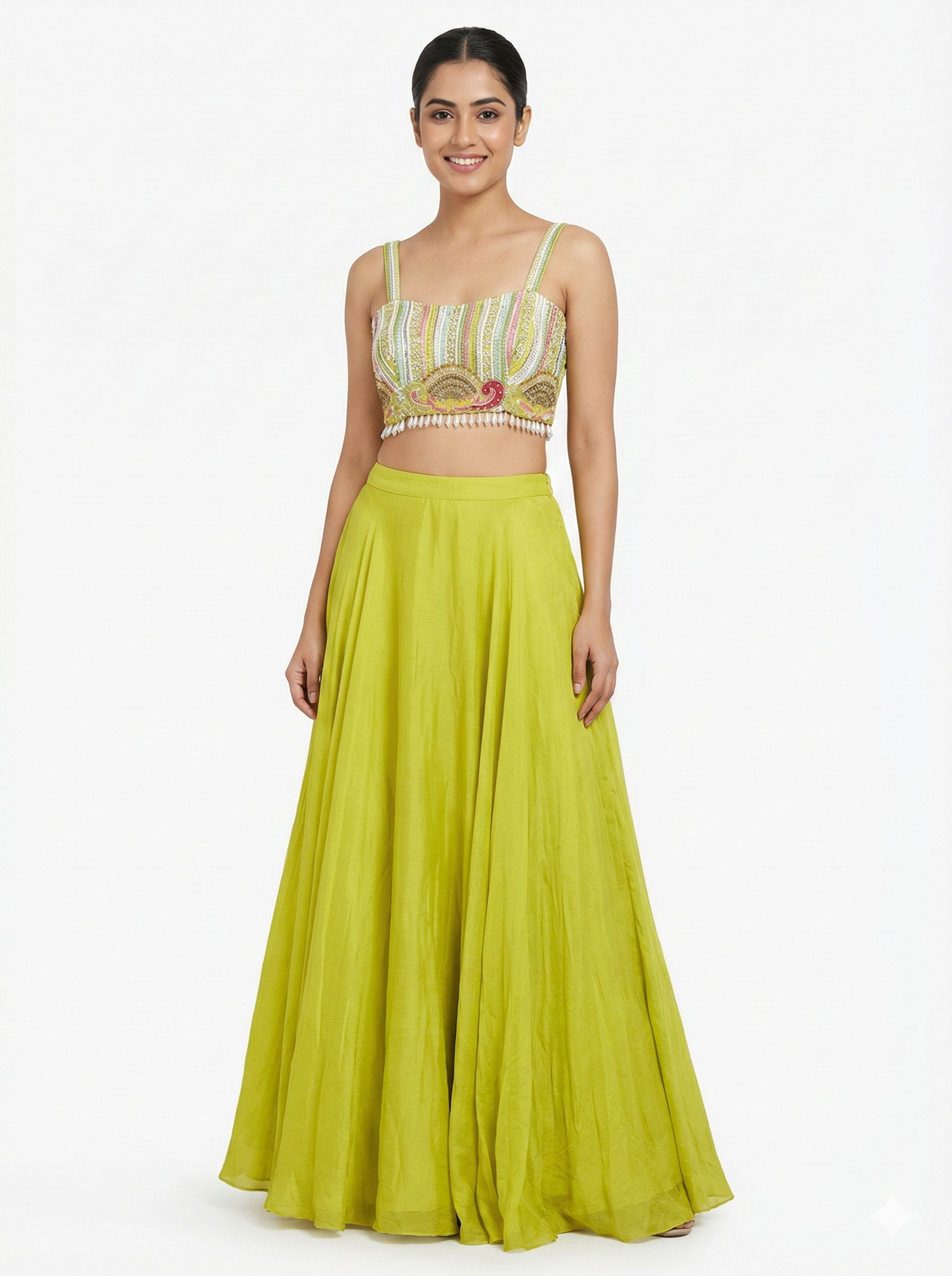 Lime Green Embroidered Crop Top and Flared Skirt Set for Women