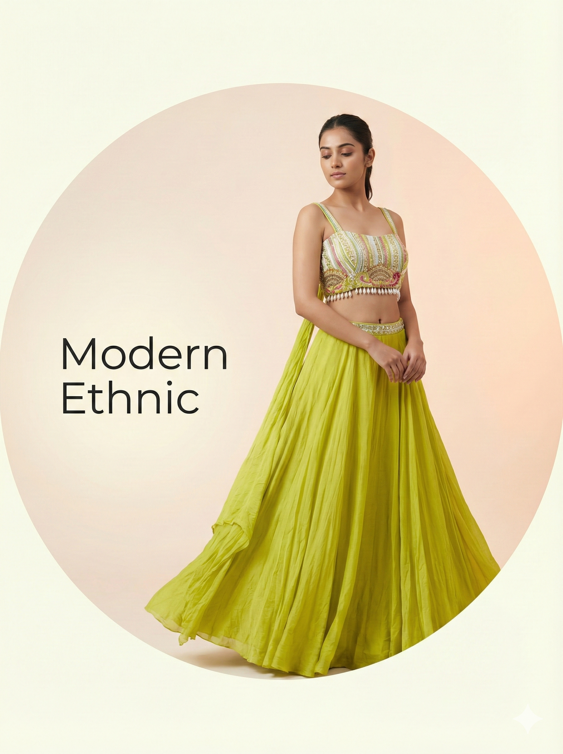 Lime Green Embroidered Crop Top and Flared Skirt Set for Women