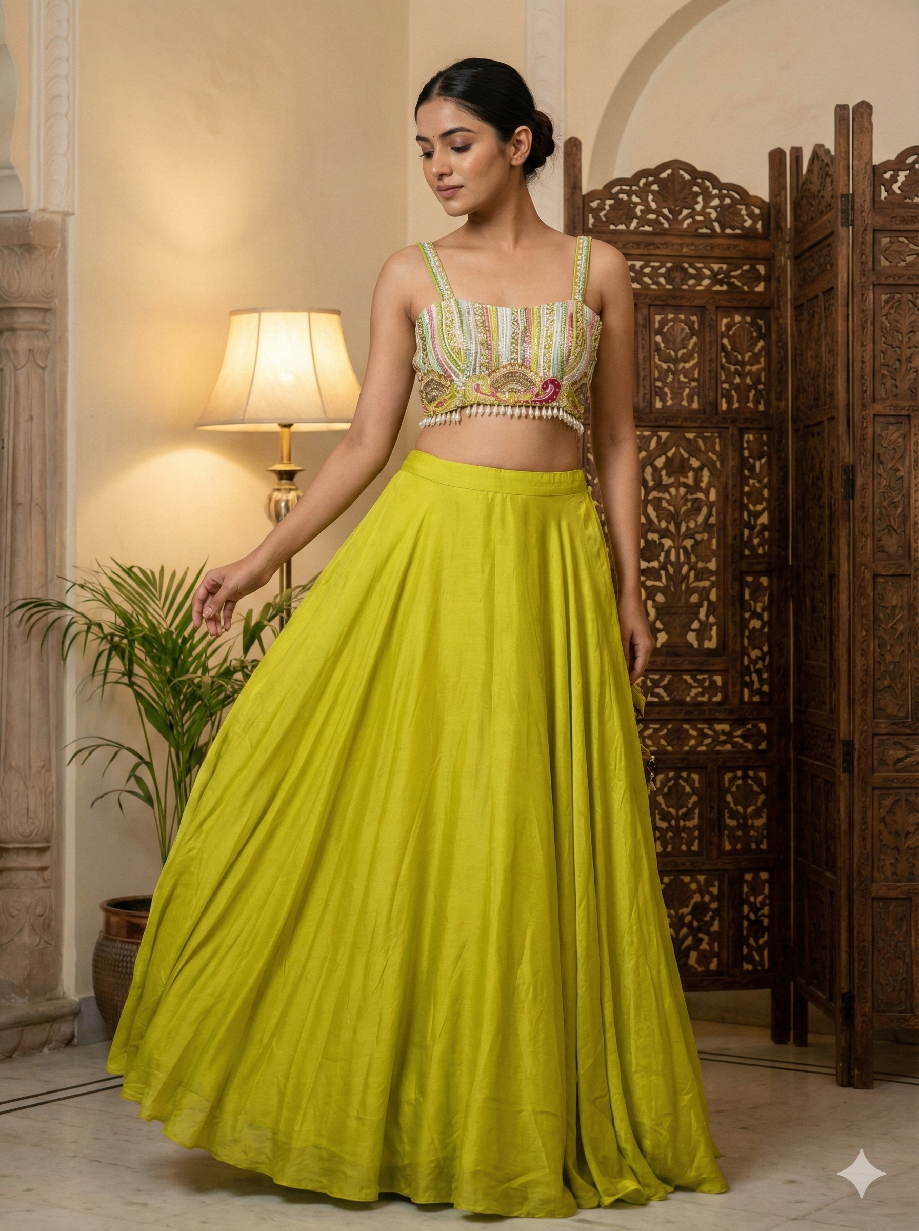 Lime Green Embroidered Crop Top and Flared Skirt Set for Women