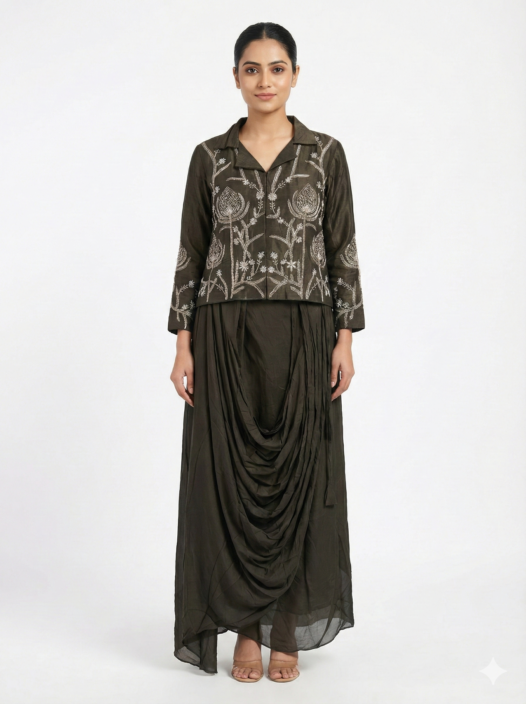 Olive Embroidered Layered Drape Dress for Women