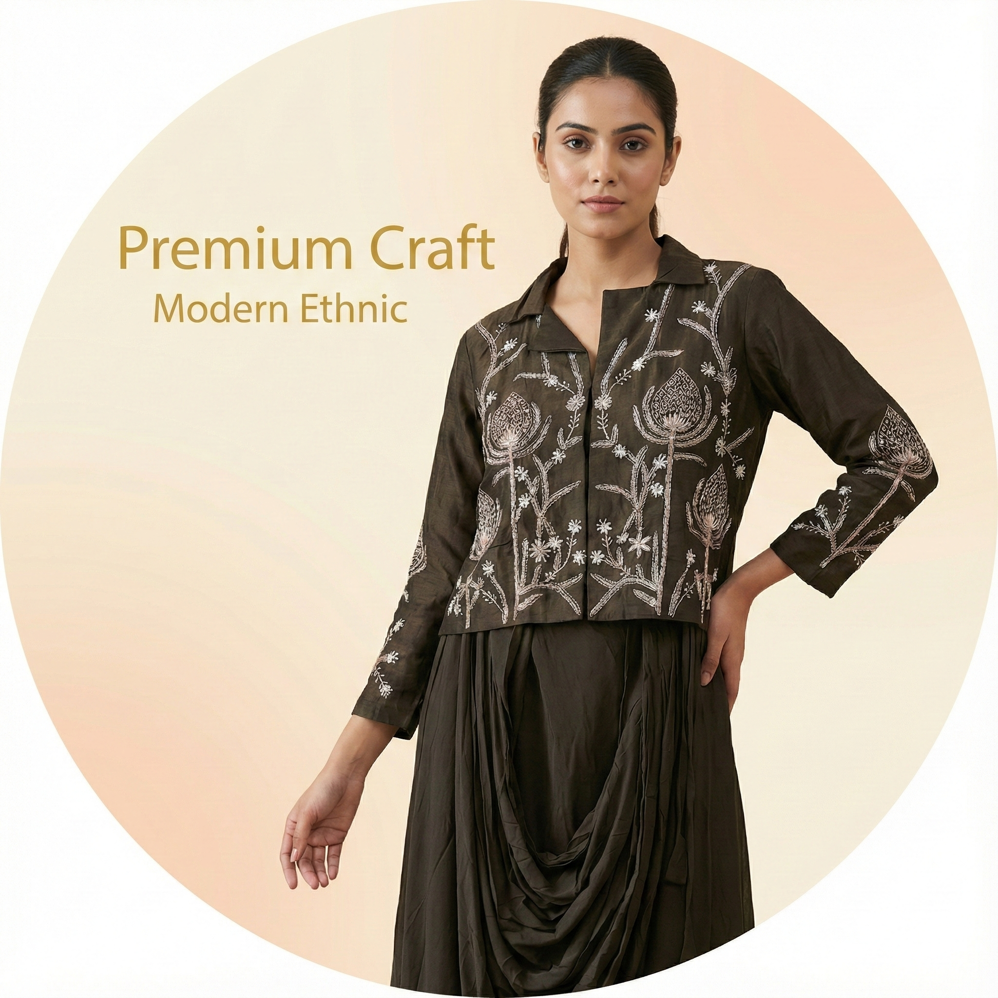 Olive Embroidered Layered Drape Dress for Women