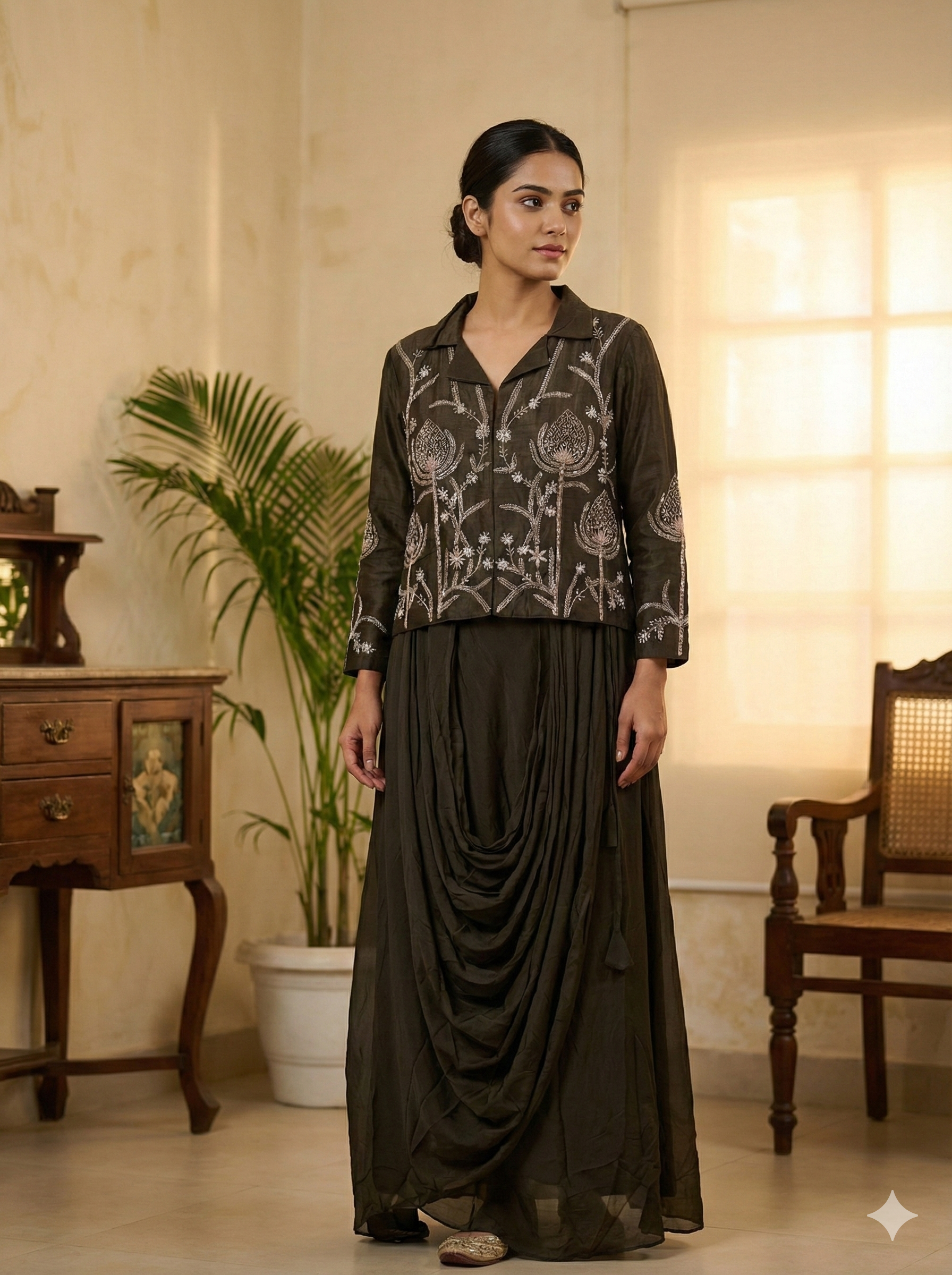 Olive Embroidered Layered Drape Dress for Women